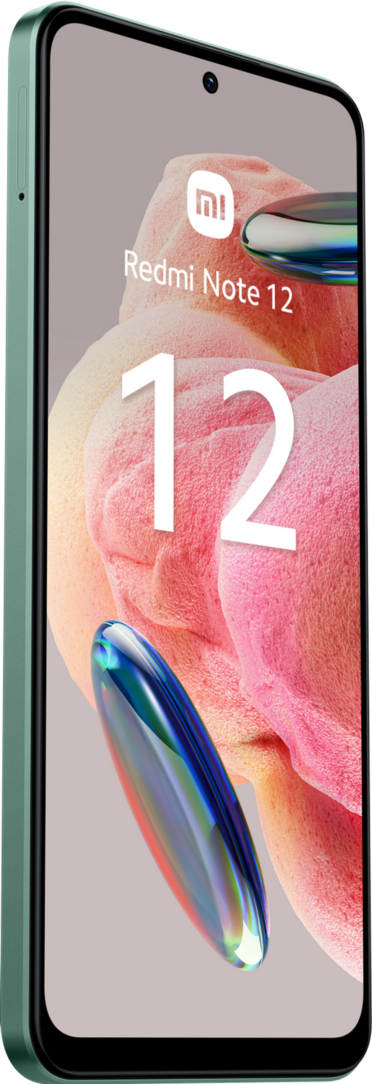 Redmi Note 12 Telefon, mintgrüner Rahmen, zeigt Telefoninhalt, diagonale Ansicht.