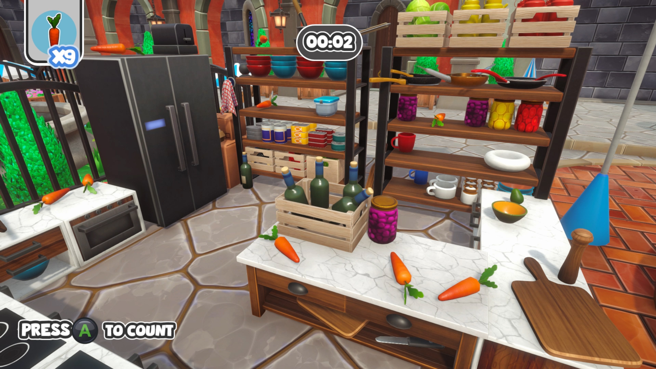 Escena de juego con cocina, verduras y controles del juego.