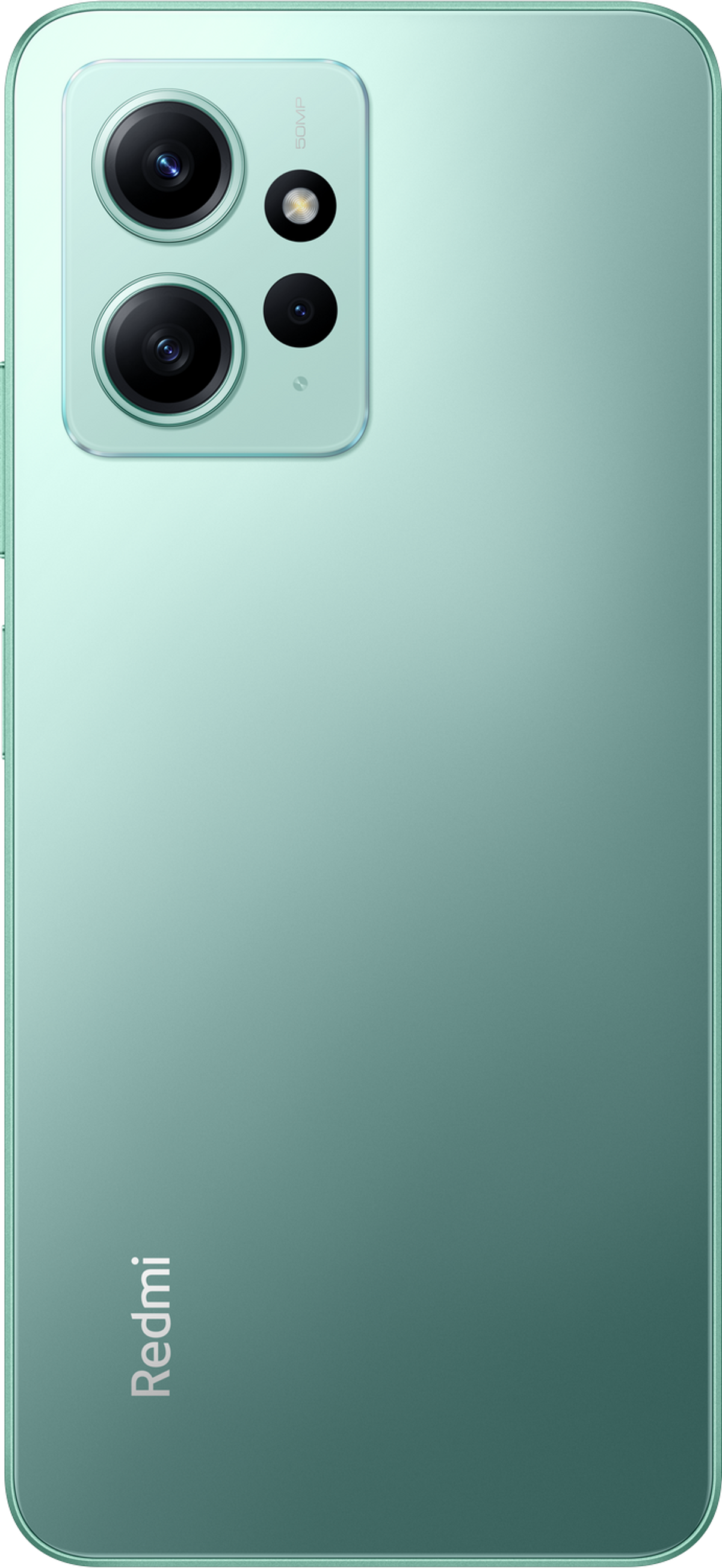 Rückseite eines grünen Smartphones mit Dual-Kamera, Redmi-Logo und 50MP-Text.