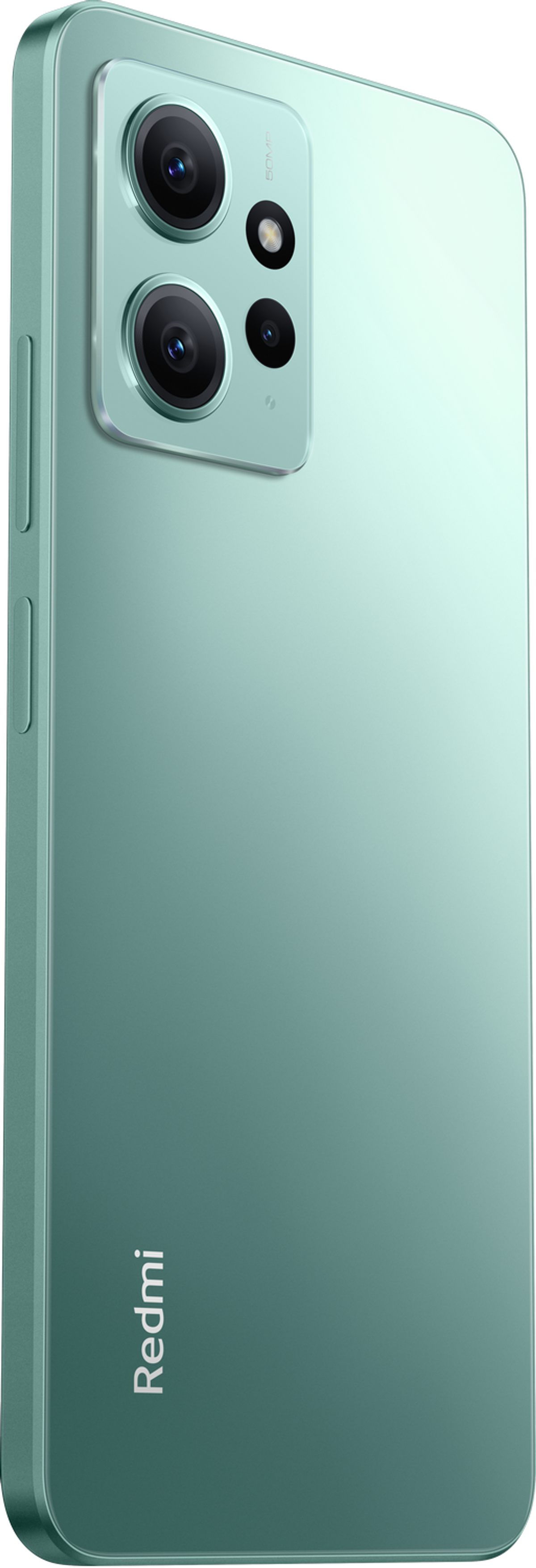 Ein grünes Telefon mit drei Kameras auf der Rückseite, das Redmi-Logo ist sichtbar.