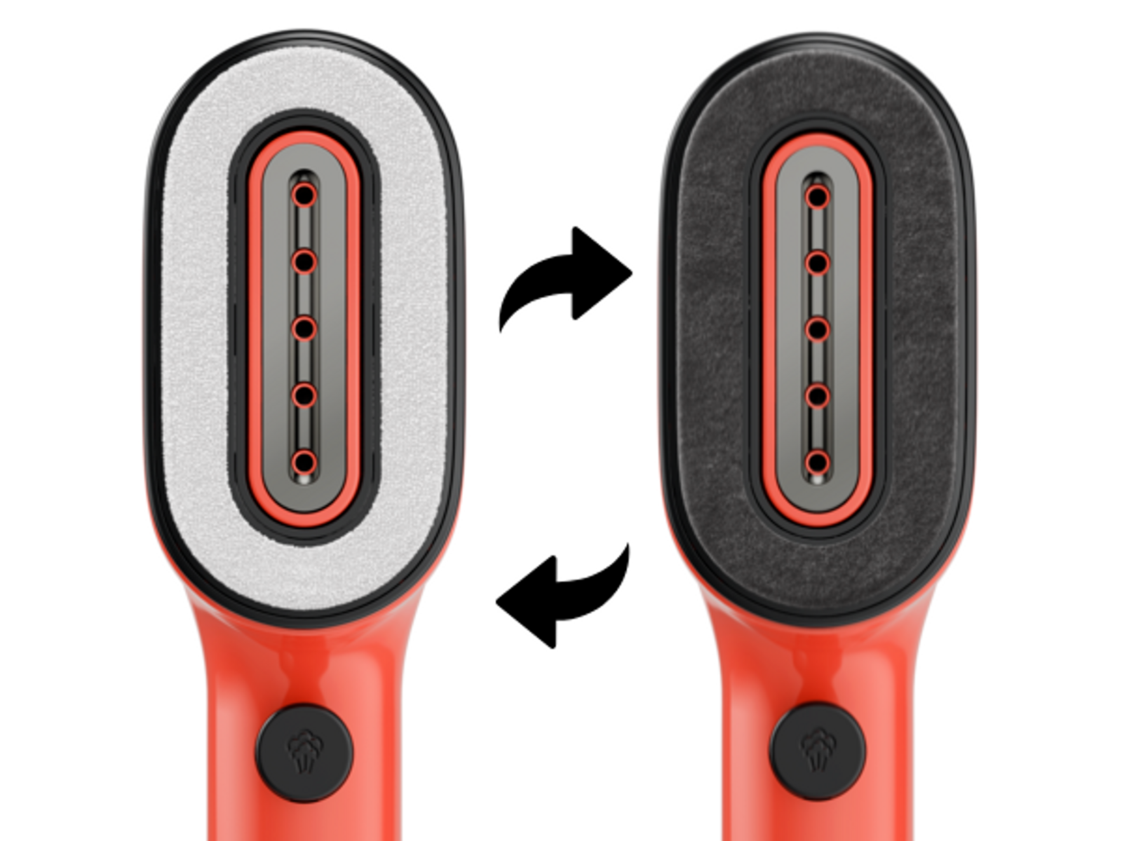 Close-up of two steam iron heads, one with a white pad, the other with a black pad.