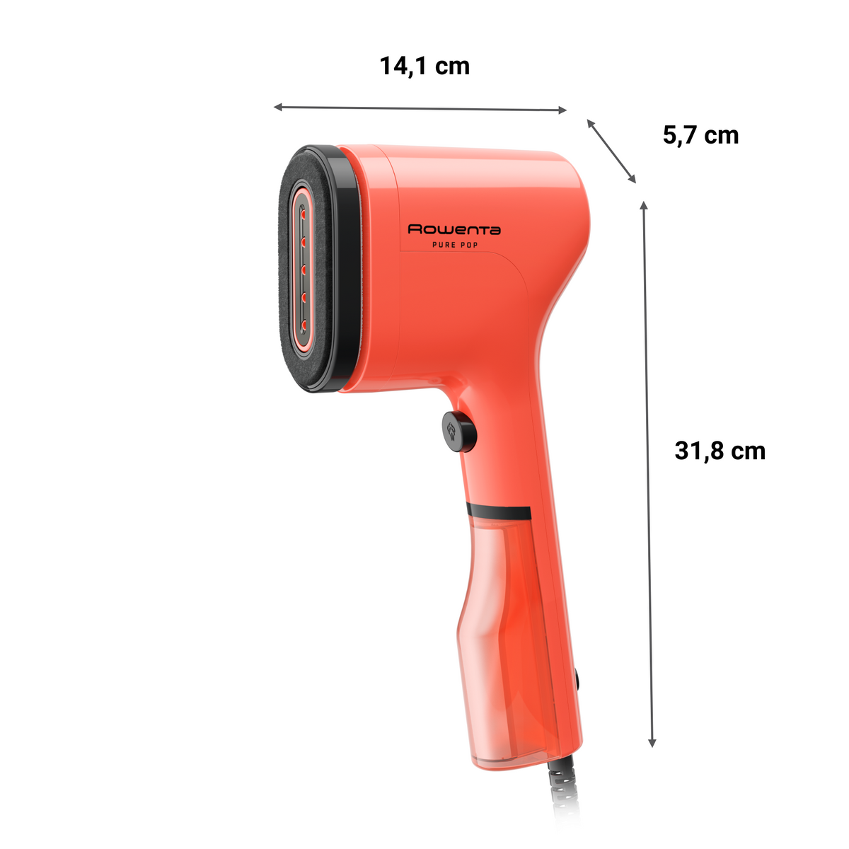 Orange hand steamer with dimensions shown. It's a Rowenta Pure Pop model, designed for steaming.