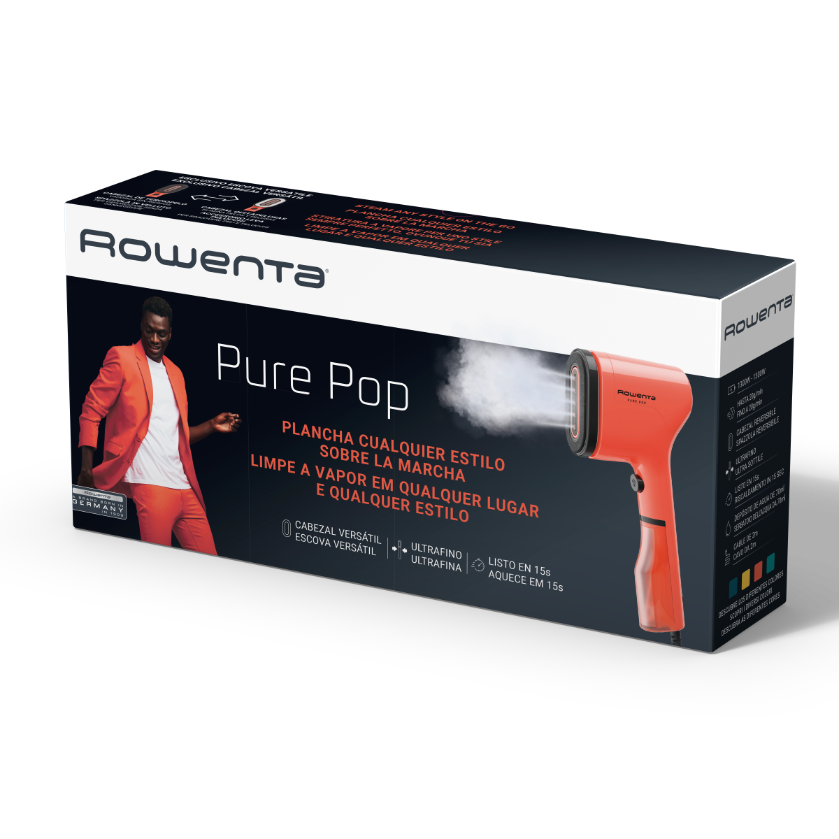 A red and black box of a Rowenta Pure Pop steamer, with a man in an orange suit.