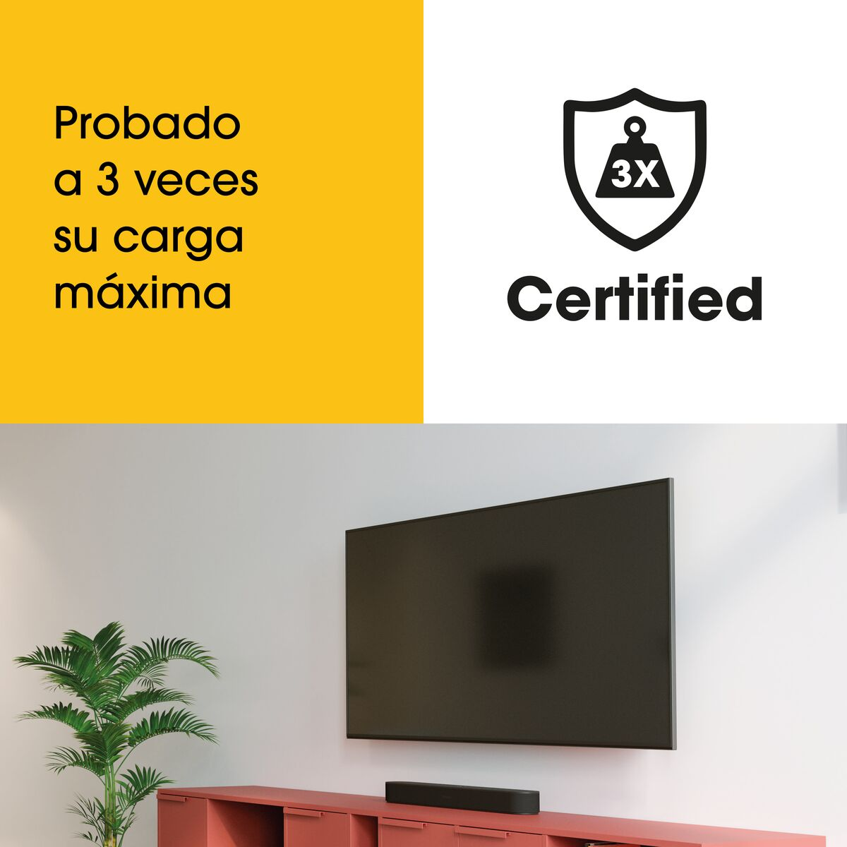 Tv-scherm met tekst en een logo, met een rode kast en een plant op een witte muur.