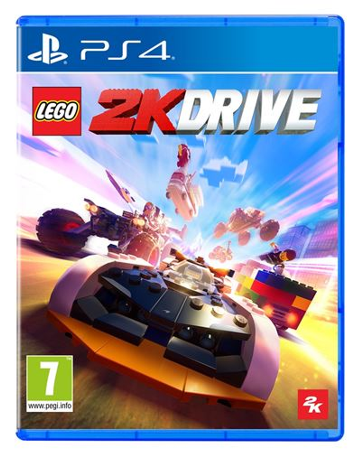 Caja del juego Lego 2K Drive PS4. Coches en el aire. Fondo azul con ciudad y cielo. Logotipo del juego.