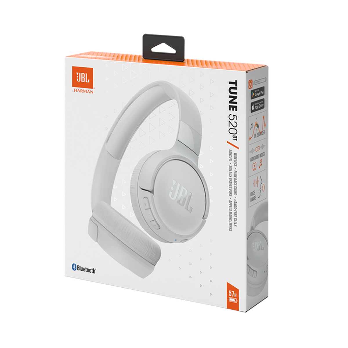 Weiße JBL Tune 520BT Kopfhörer in ihrem Karton, zeigt die Kopfhörer und Details des Kartons.