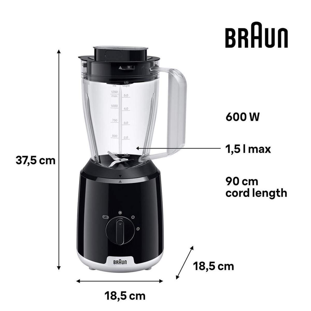 Schwarzer Braun-Mixer. Er zeigt Maße, Abmessungen und Leistung. Weißer Hintergrund.