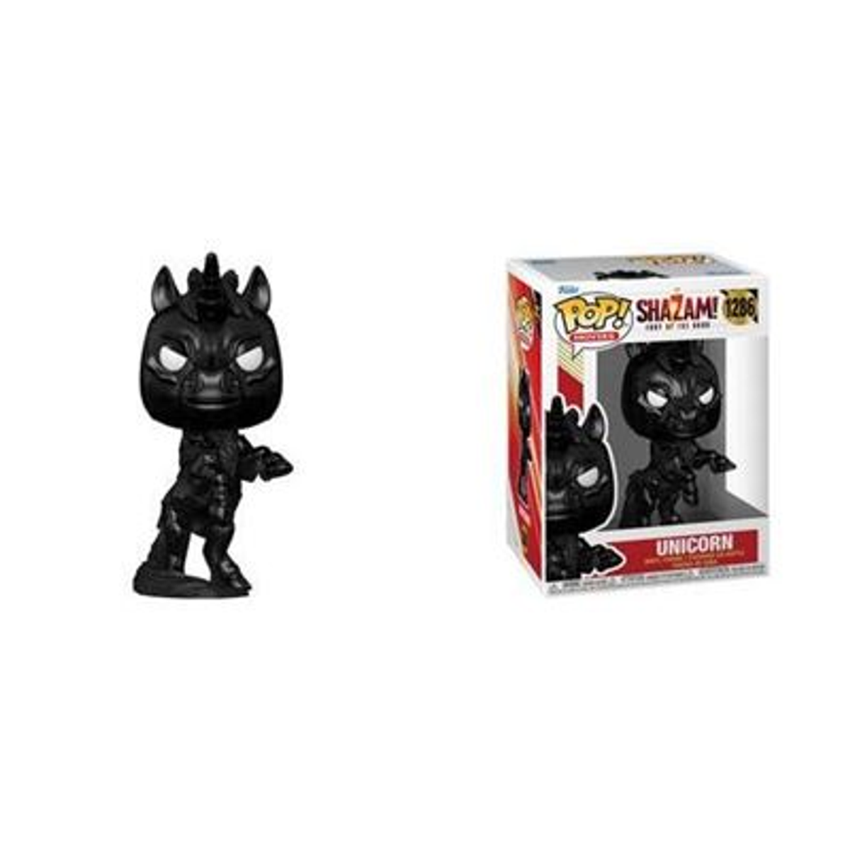Figura de unicornio negro con caja blanca. La caja dice, POP! SHAZAM! UNICORNIO.