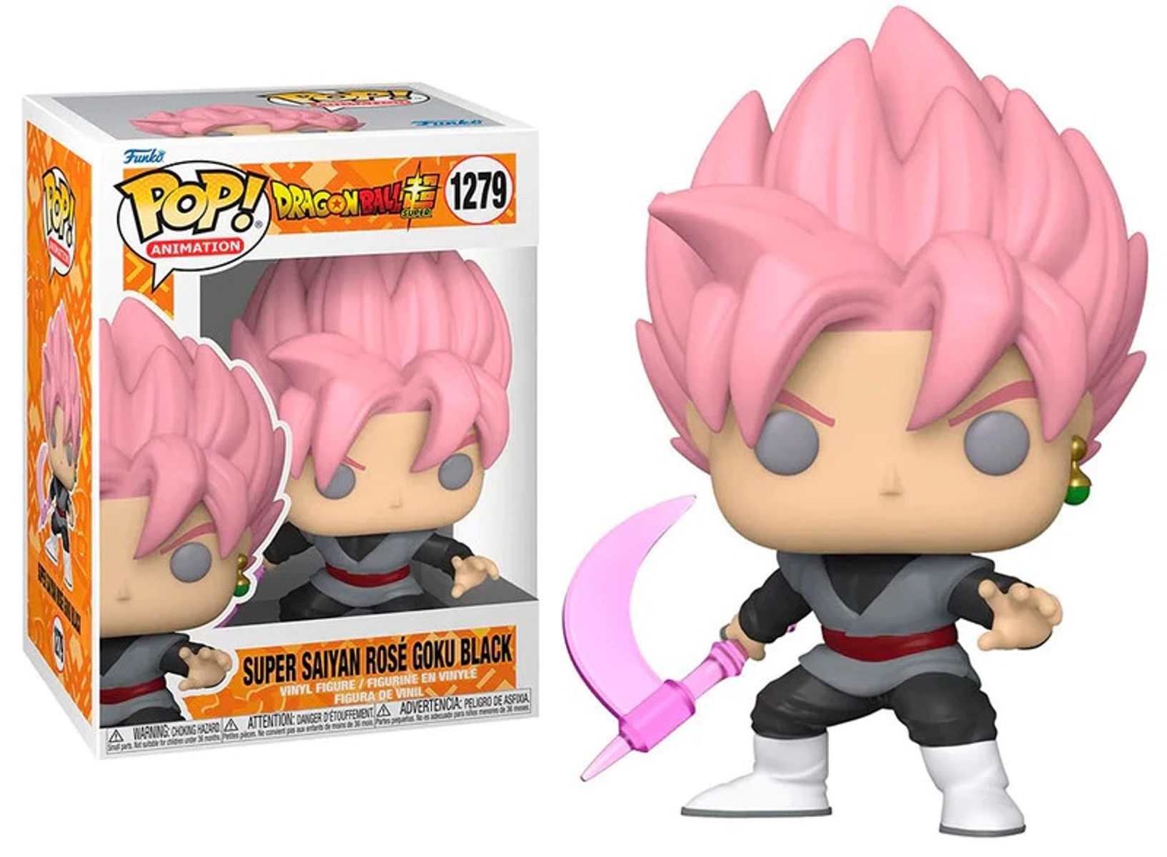 Una figura Funko Pop di Goku Black. La figura è rosa e nera. Scatola con l'immagine del personaggio.
