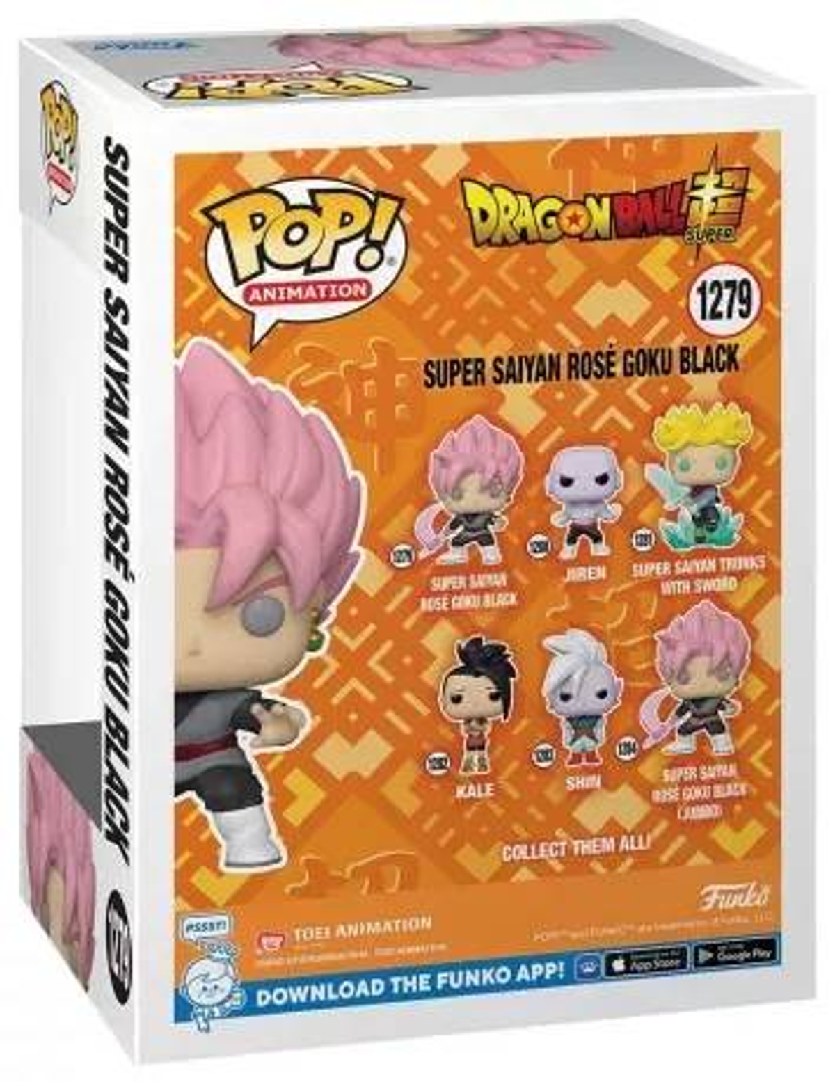 Scatola Funko Pop della figura Super Saiyan Rose Goku Black, con altri personaggi.
