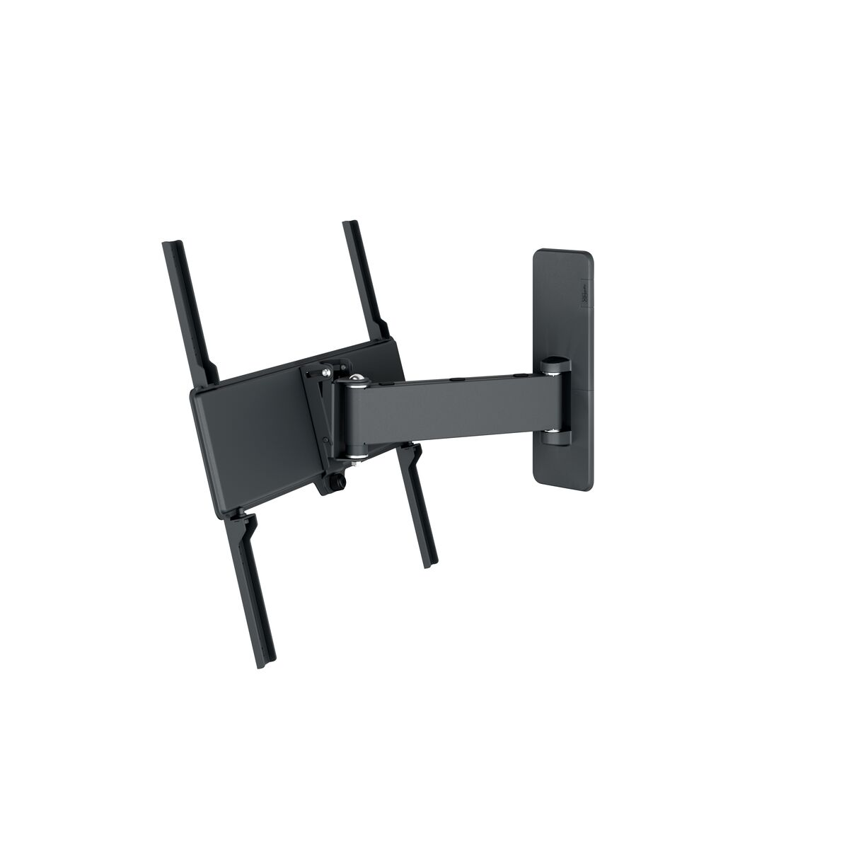 Un soporte de pared negro, con brazos extendidos. Está montado sobre un fondo blanco.