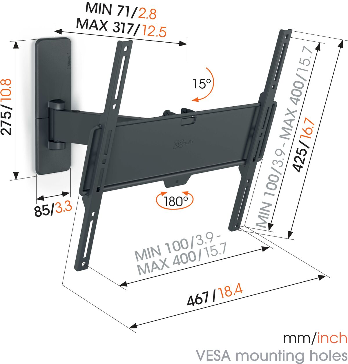 Soporte de pared para TV, negro, con medidas y detalles de ángulo.