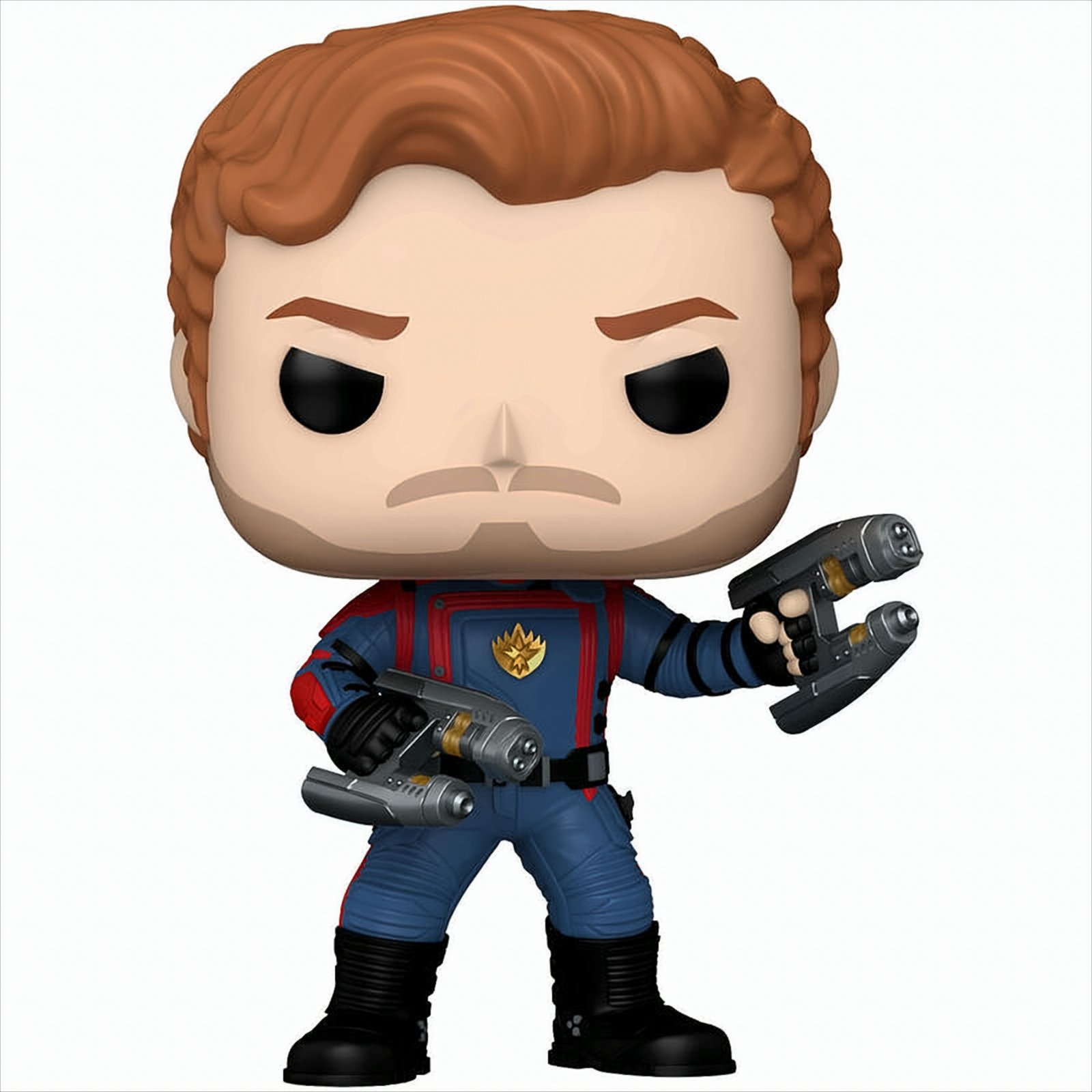 Funko Pop Figur von Star-Lord aus Guardians of the Galaxy, der zwei Strahlenkanonen hält.