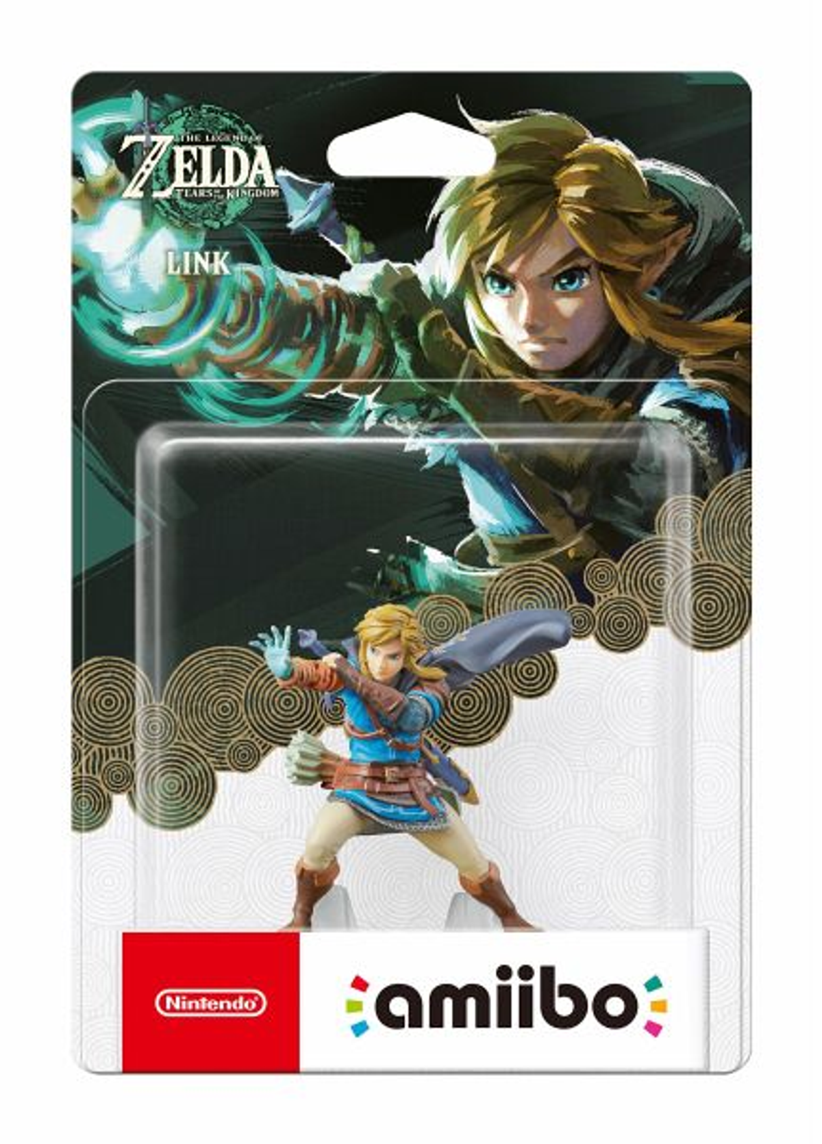 Figurka Amiibo Link z The Legend of Zelda: Tears of the Kingdom, w opakowaniu.