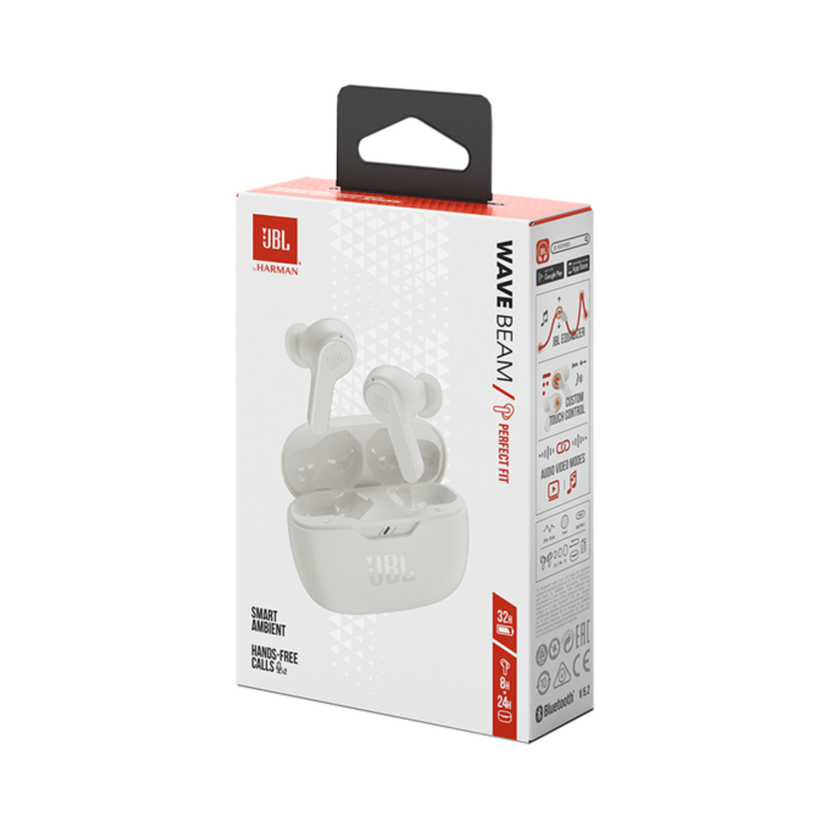 Białe słuchawki JBL w etui ładującym, z pudełkiem pokazującym funkcje i markę.