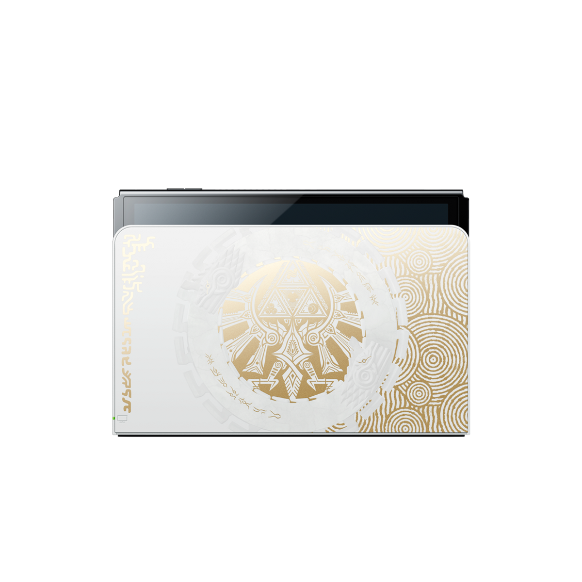 Eine weiß-goldene Nintendo Switch mit dekorativer Hülle, zeigt Zelda-Design.