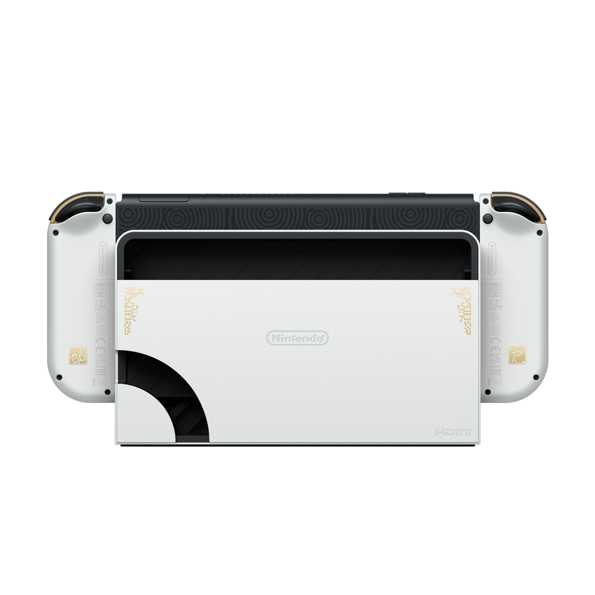 Weiße Nintendo Switch Konsole mit goldenen Akzenten. Die Joy-Cons sind weiß, der Bildschirm ist sichtbar.