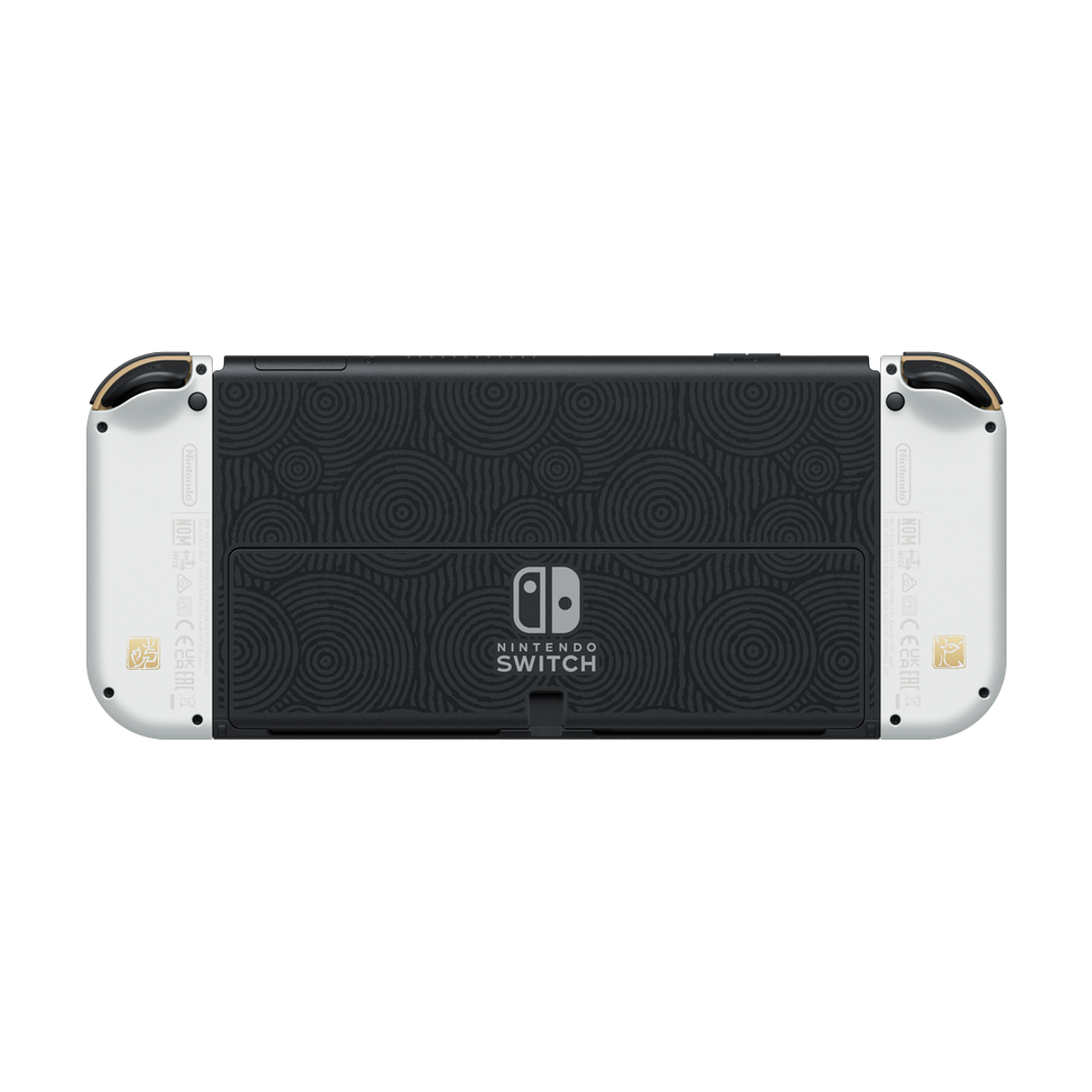 Rückseite einer Nintendo Switch, schwarz mit Muster. Weiße und goldene Akzente.