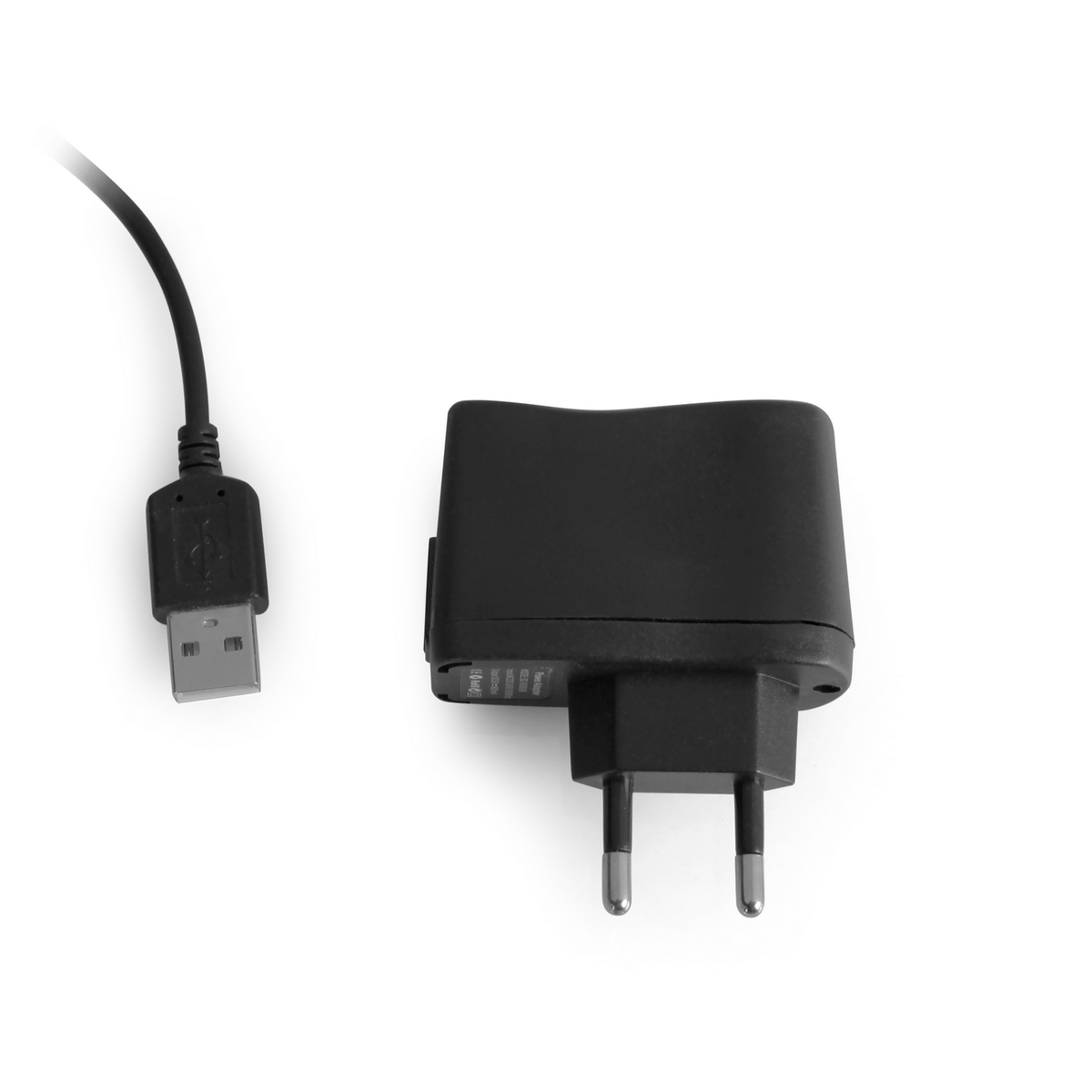 Caricabatterie nero con cavo USB collegato. Ha una spina a due poli.