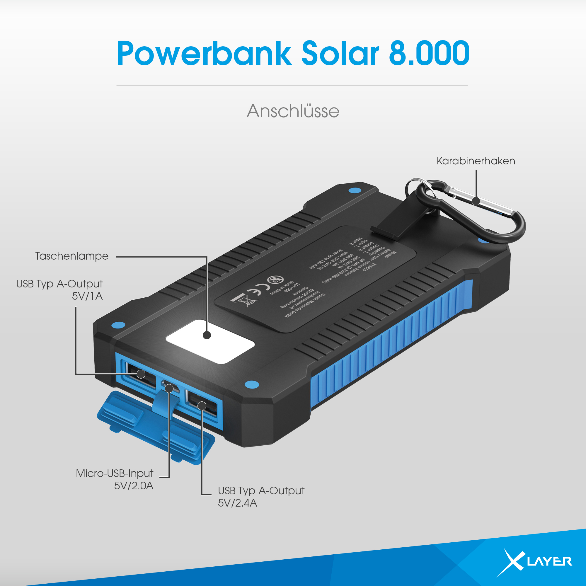 XLAYER PLUS Solar Powerbank 8000 mAh Black