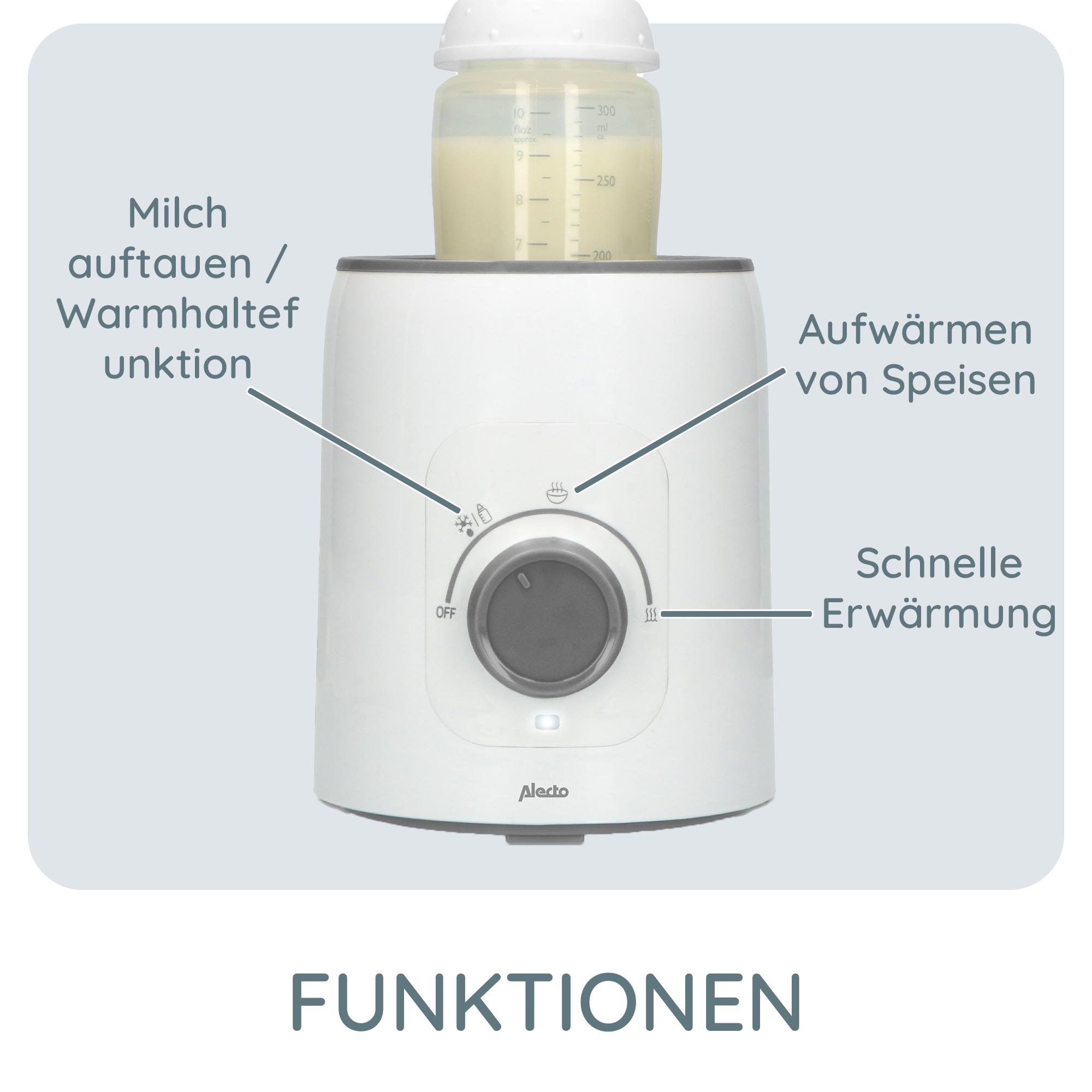 Ein weißer Babyflaschenwärmer. Oben befindet sich eine Flasche. Etiketten zeigen Funktionen: warm, auftauen, warmhalten.