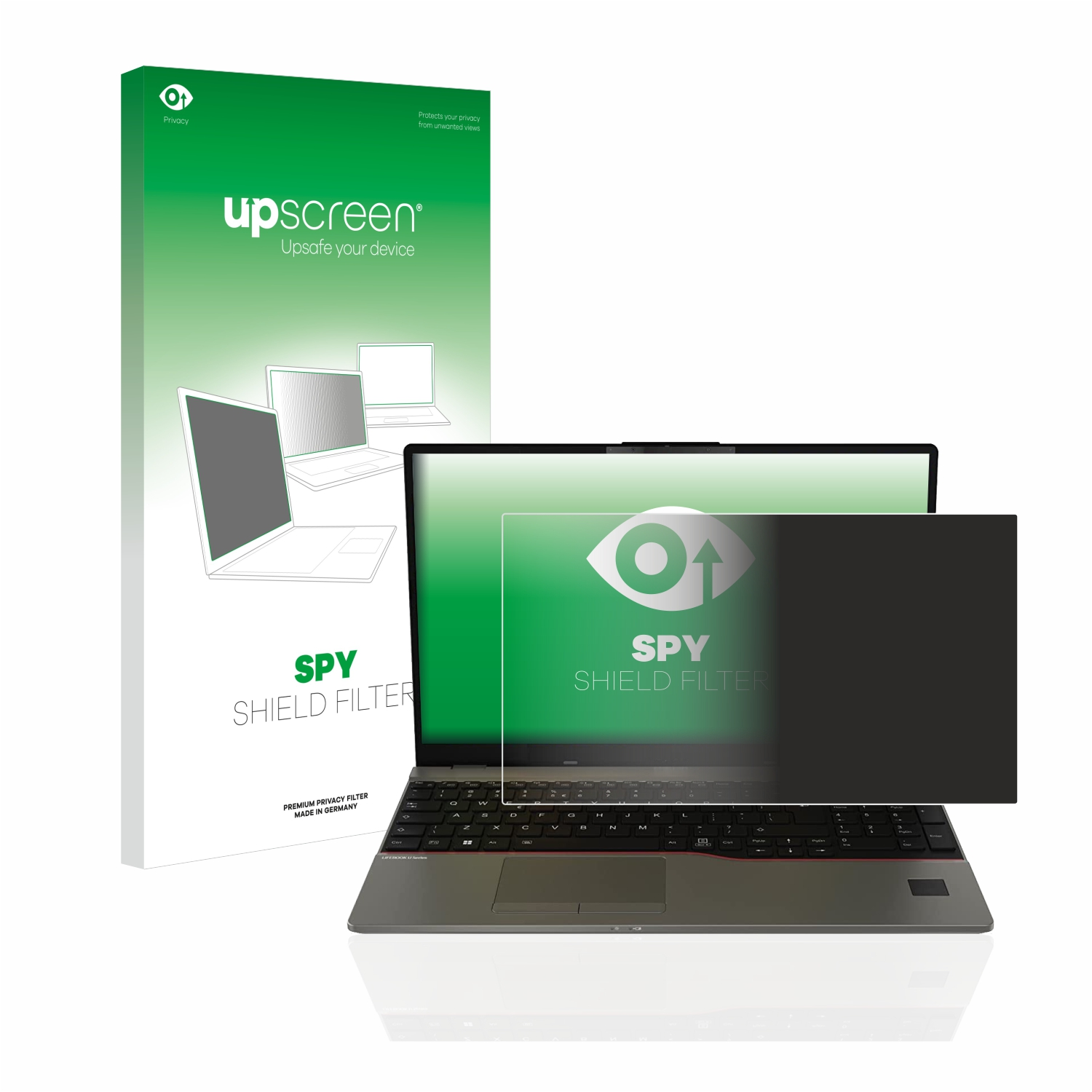 Laptop mit Sichtschutz und Verpackung. Der Bildschirm zeigt einen schwarzen Sichtfilter.