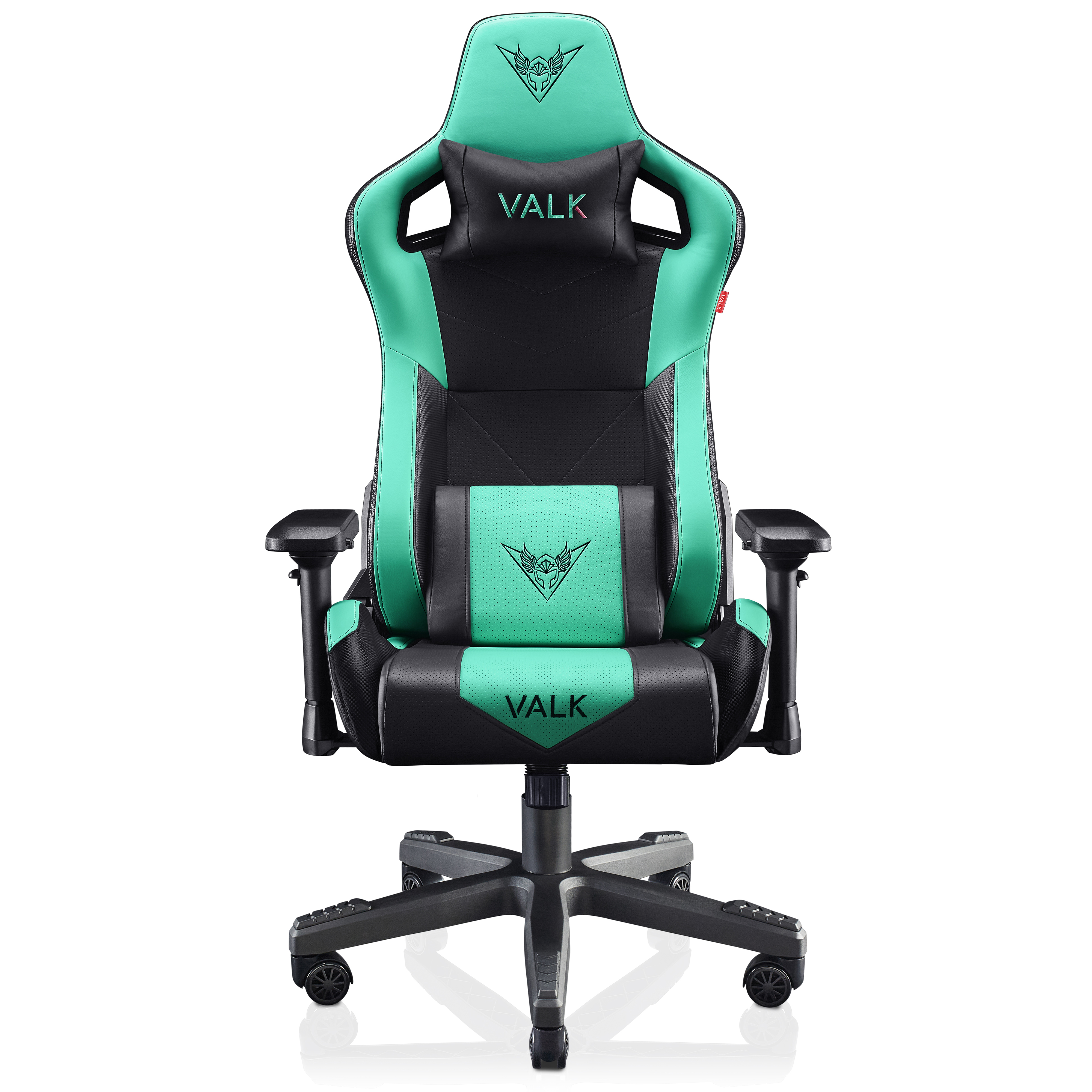 Una silla gaming VALK verde y negra con reposacabezas y soporte lumbar.