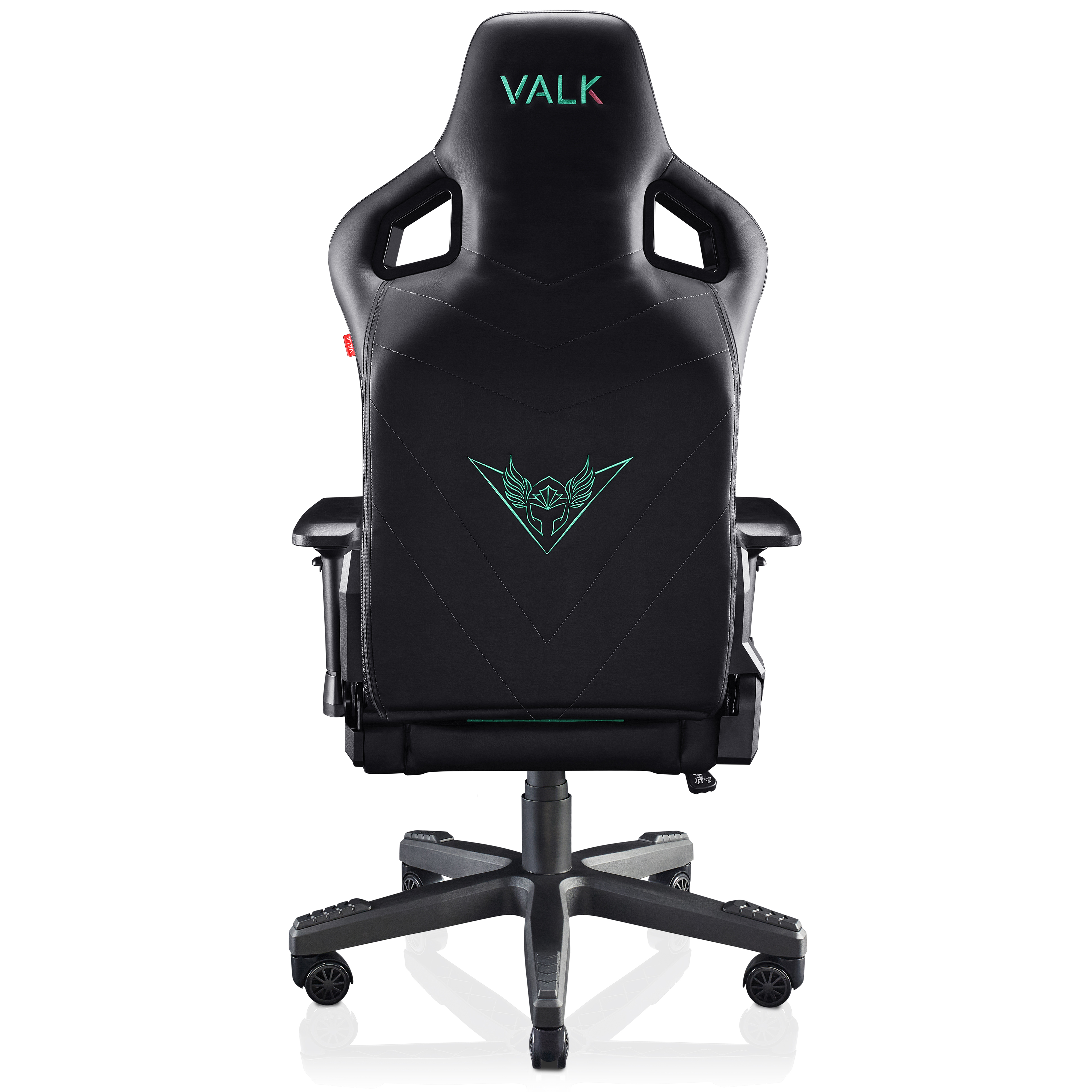 Una silla de juego negra, vista trasera. Logotipo de Valk en el reposacabezas.