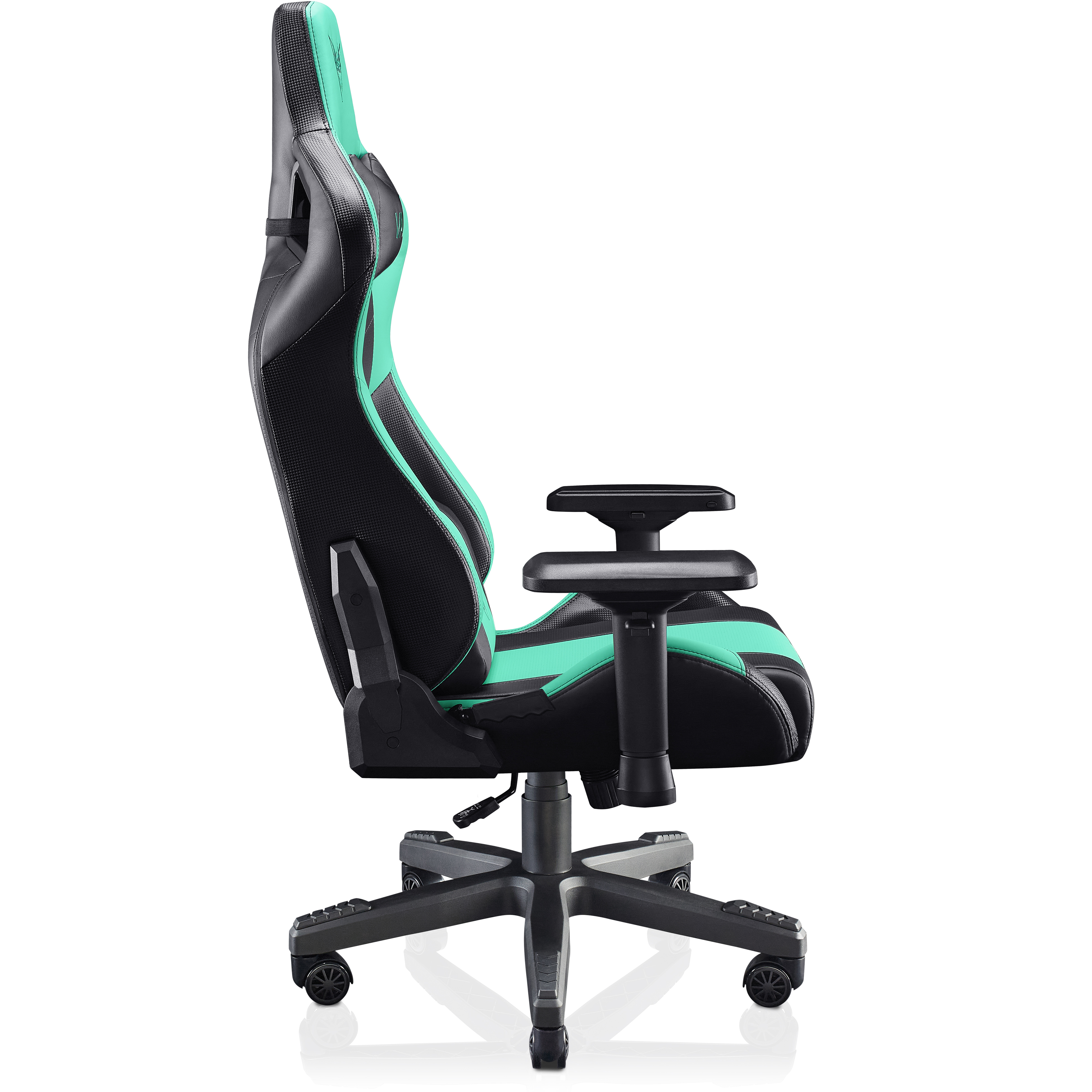 Silla gaming, negro y verde azulado, vista lateral.