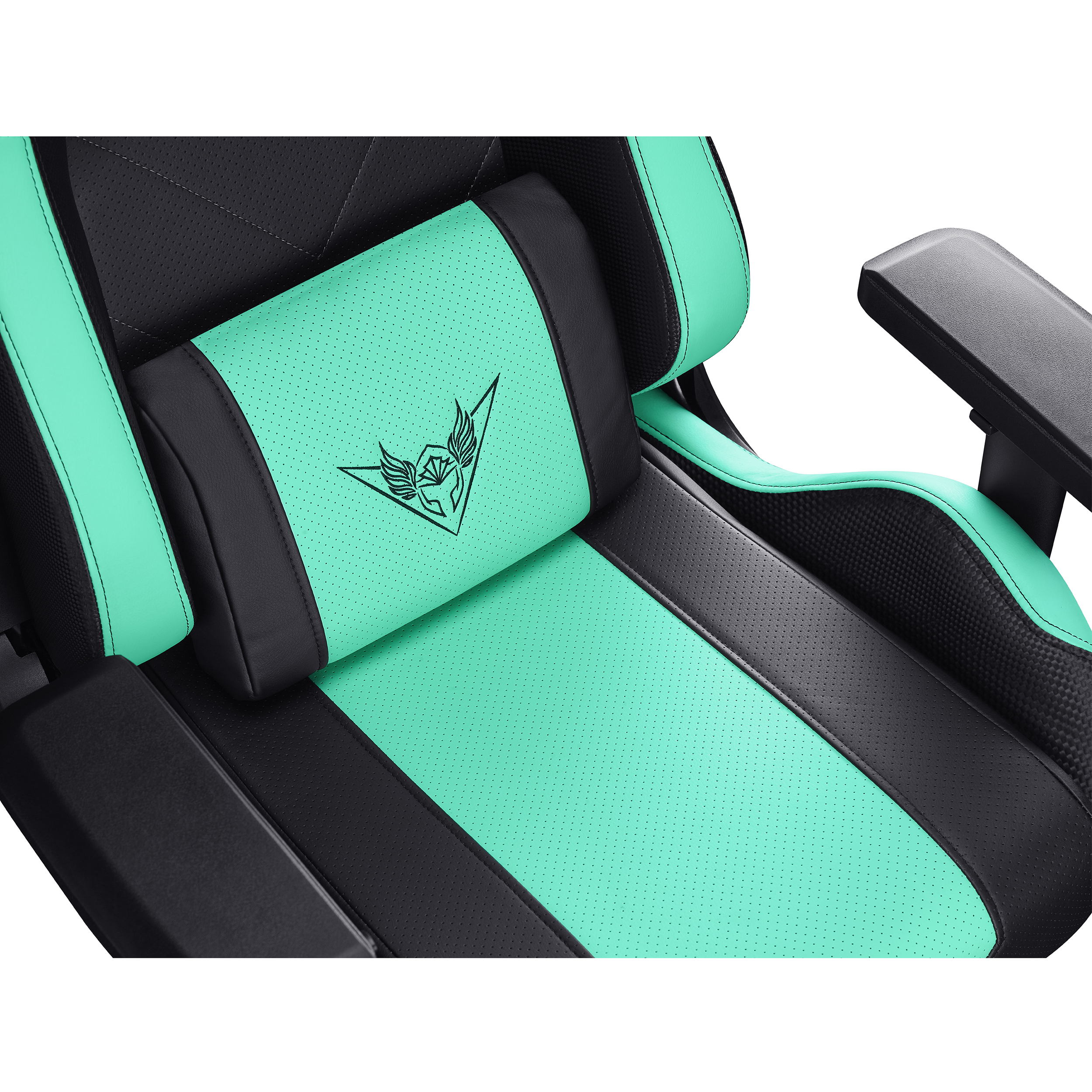 Detalle de la silla gaming: esquema de color verde azulado y negro con reposacabezas y apoyabrazos.