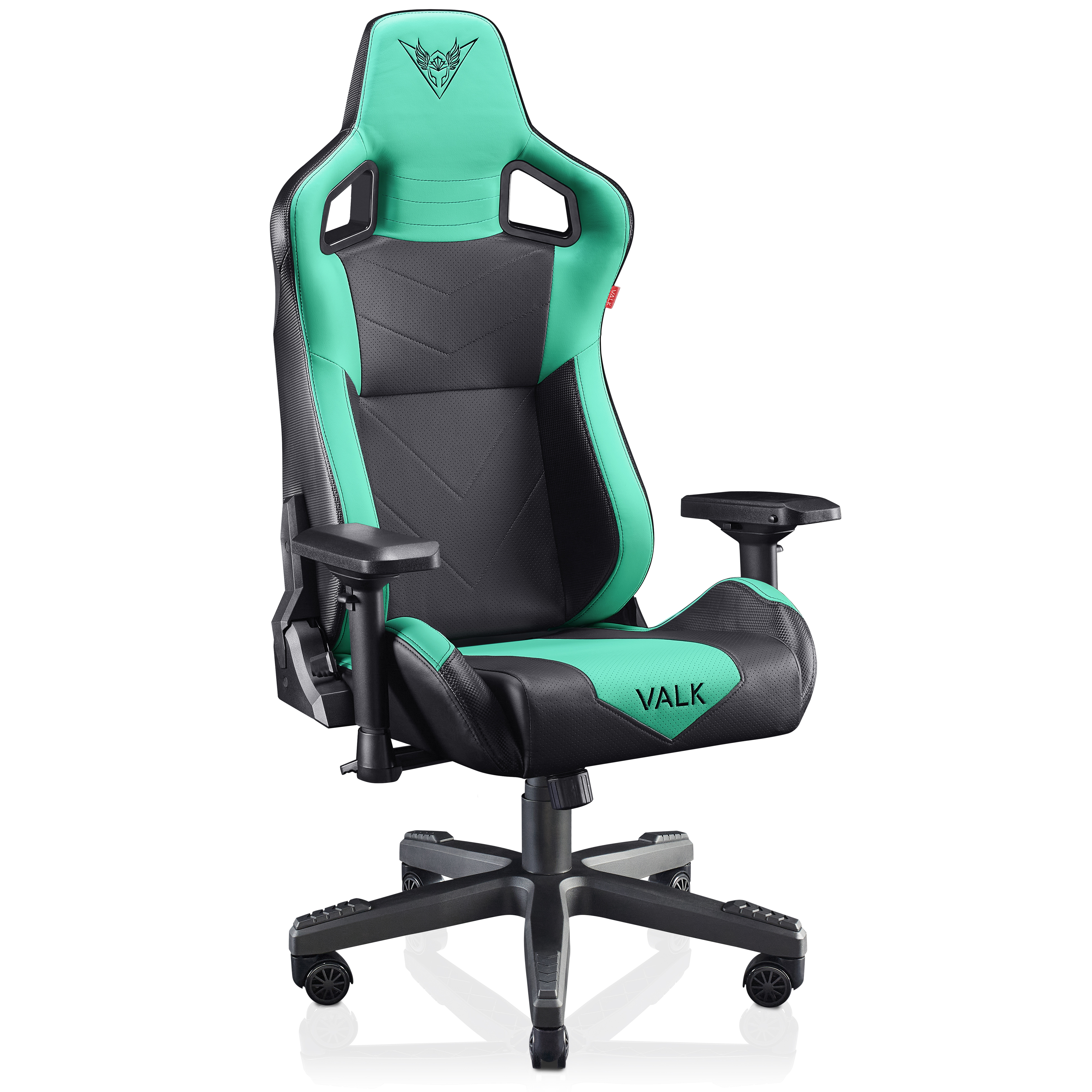 Silla gaming, negra y verde azulado, con reposacabezas y reposabrazos, sobre fondo blanco.