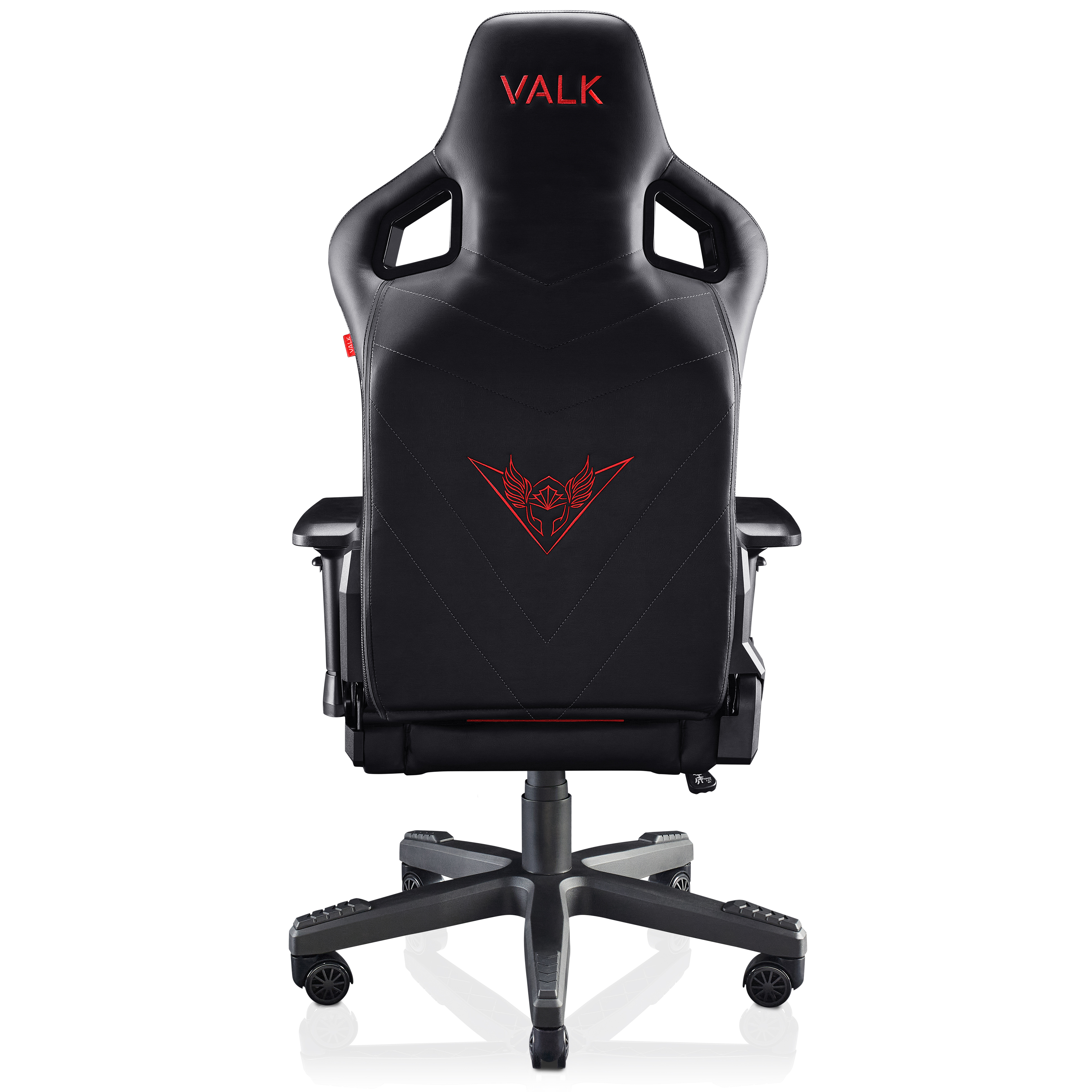 La parte trasera de una silla gamer Valk negra con detalles rojos y logotipo sobre fondo blanco.