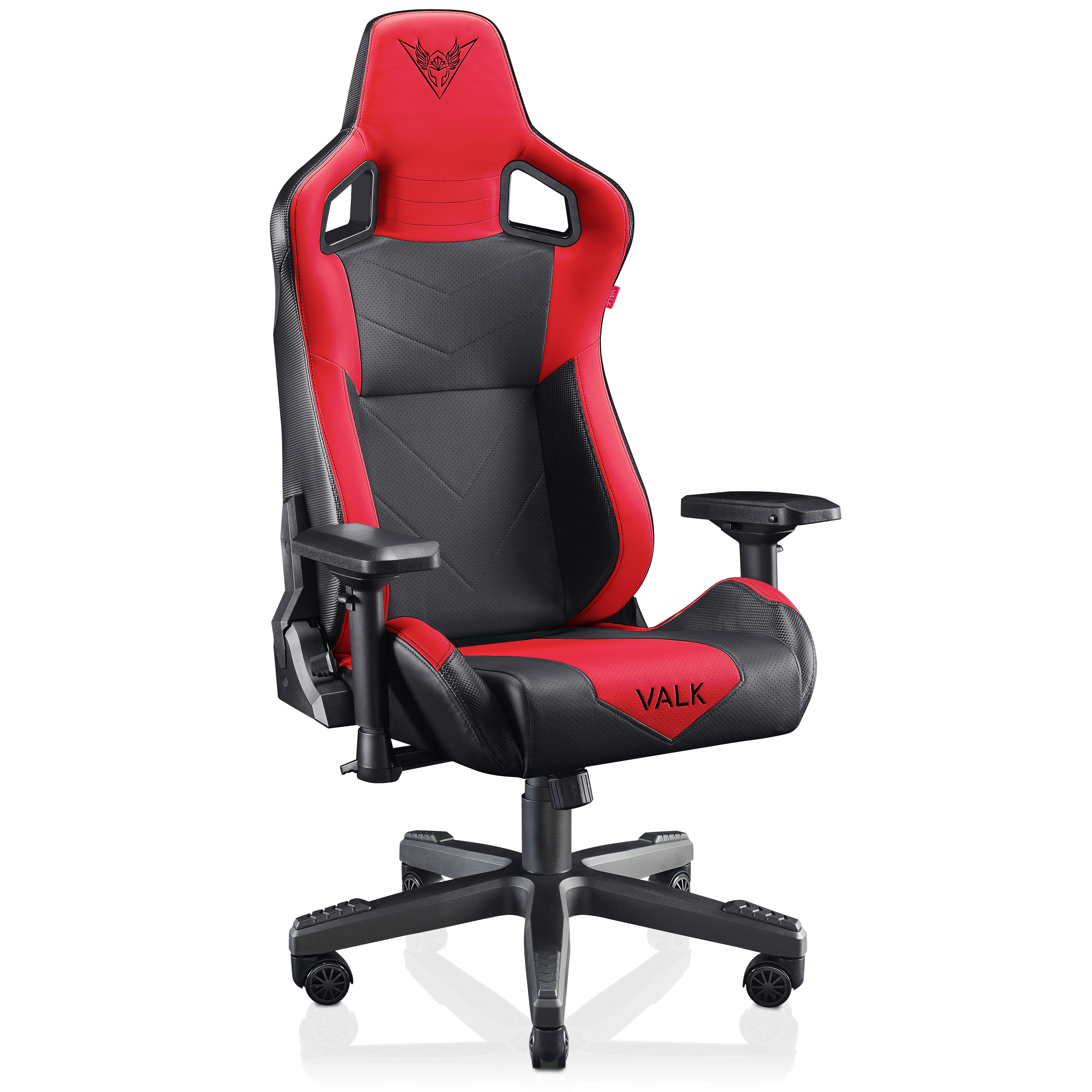 Silla gaming roja y negra con reposacabezas, reposabrazos y base negra con ruedas.