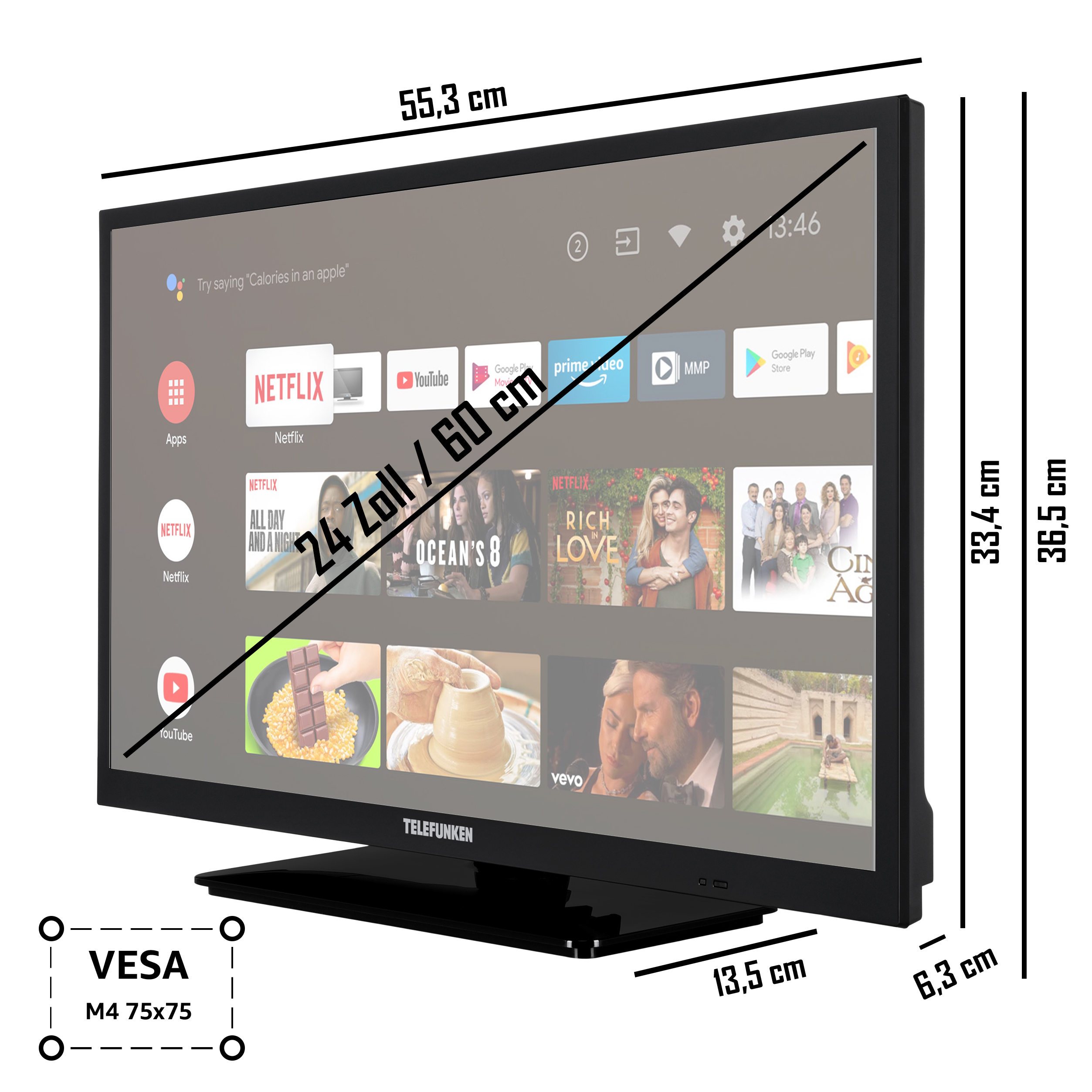 Schwarzer TV-Bildschirm mit Netflix-Oberfläche. Er hat Größen- und Dimensionsdetails auf dem Bildschirm.
