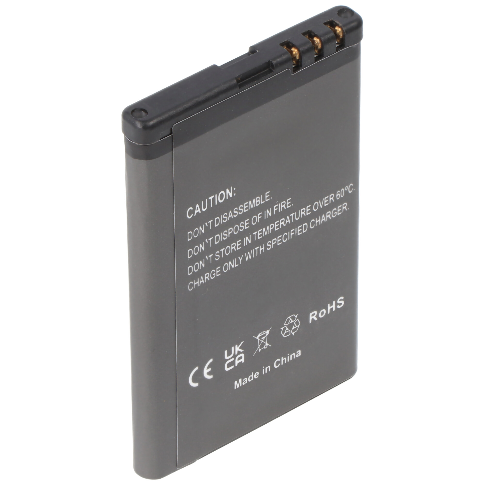 Eine dunkelgraue Batterie mit Text, CE, UK CA und RoHS-Symbolen.
