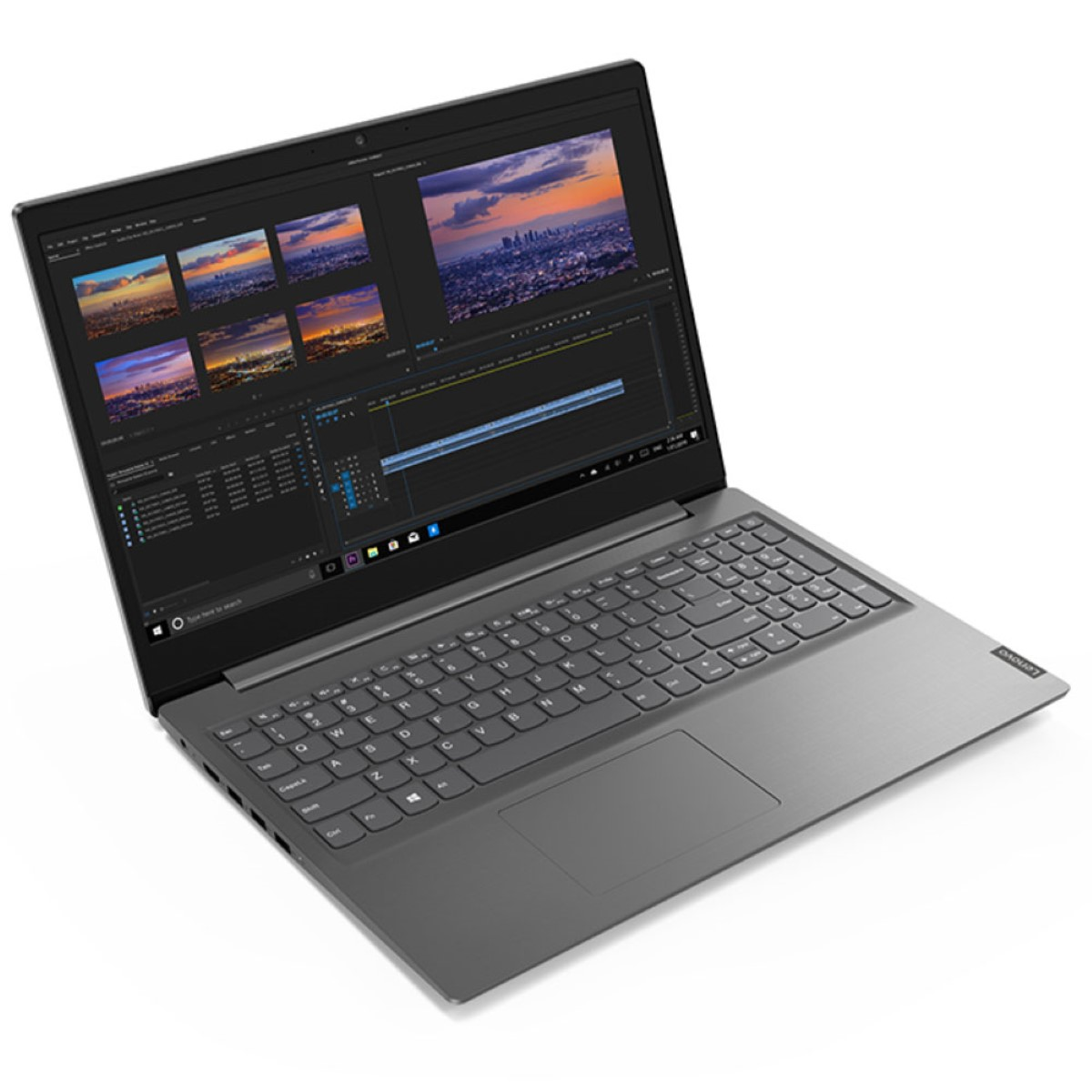 Ein Laptop, der eine Videoschnittstelle anzeigt. Weißer Hintergrund.