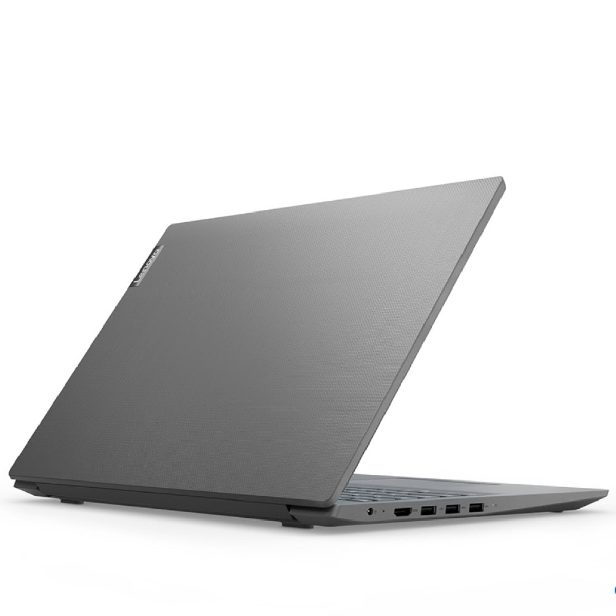 Grauer Laptop ist geöffnet, abgewinkelt, zeigt die Rückseite. Weißer Hintergrund.