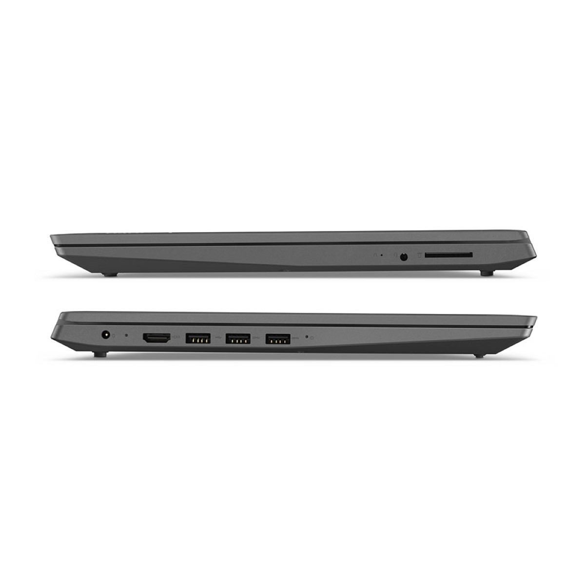 Zwei Laptops nebeneinander. Oben die Seite mit Anschlüssen, unten die Unterseite.