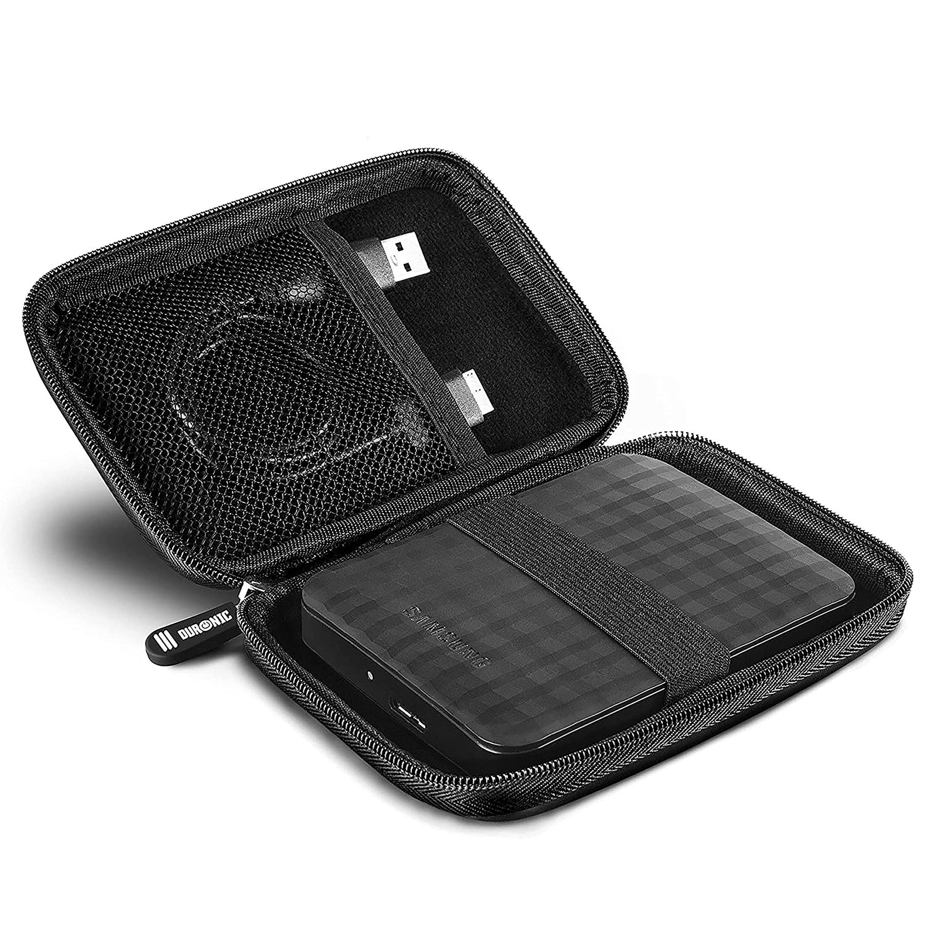 Schwarzes Gehäuse mit Reißverschluss, das eine schwarze Festplatte und ein USB-Kabel enthält.