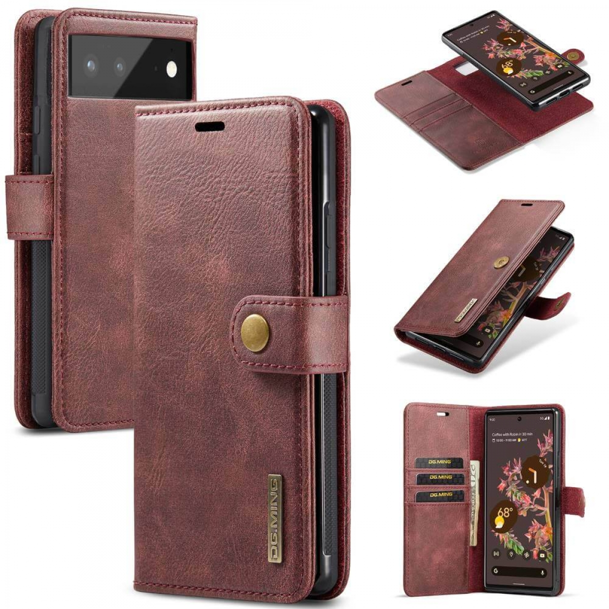 Eine braune Handyhülle mit einem Telefon darin. Mehrere Ansichten zeigen die Hülle und das Telefon.