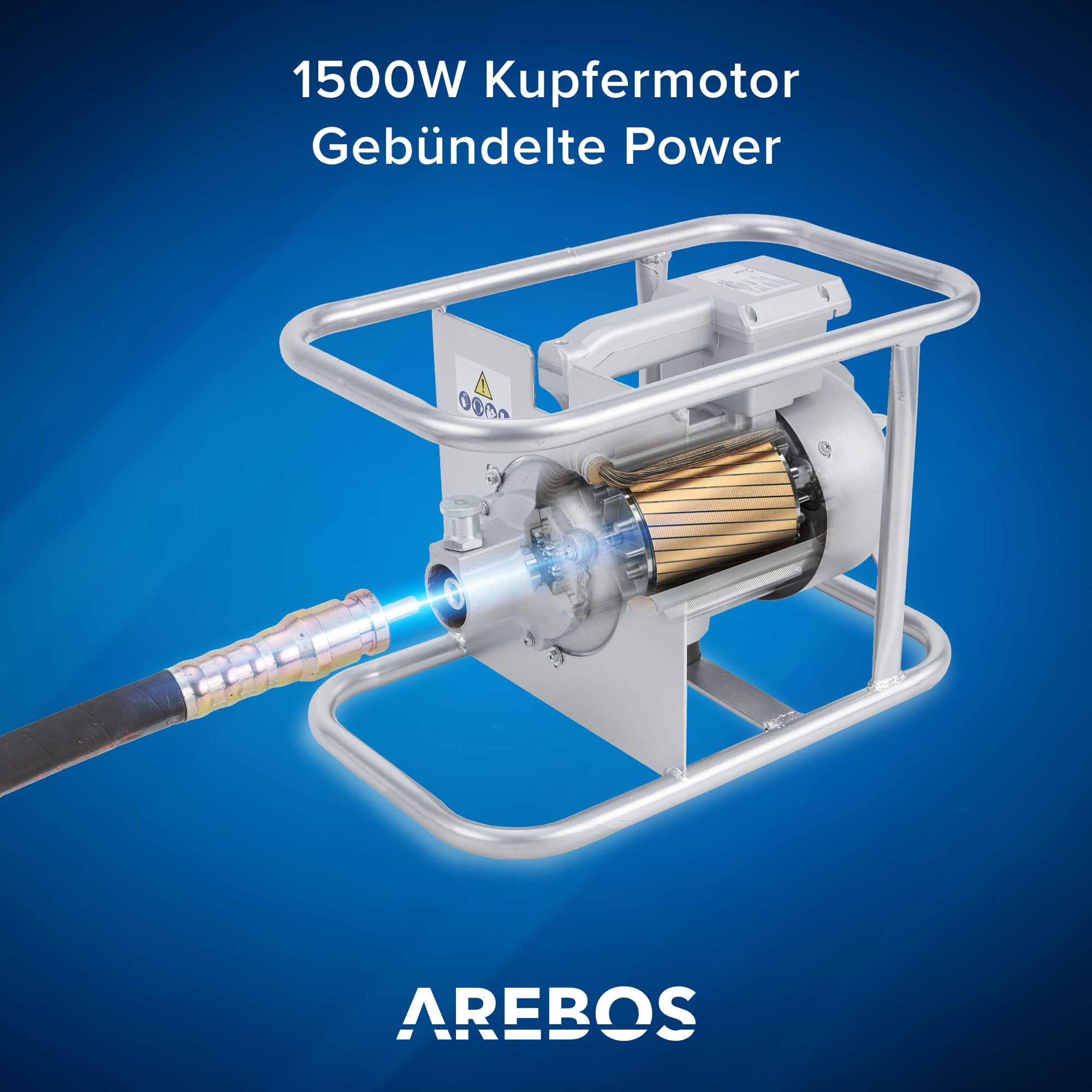 Ein Elektromotor mit Kupferwicklungen, schwarzem Schlauch und silbernem Rahmen auf blauem Hintergrund.