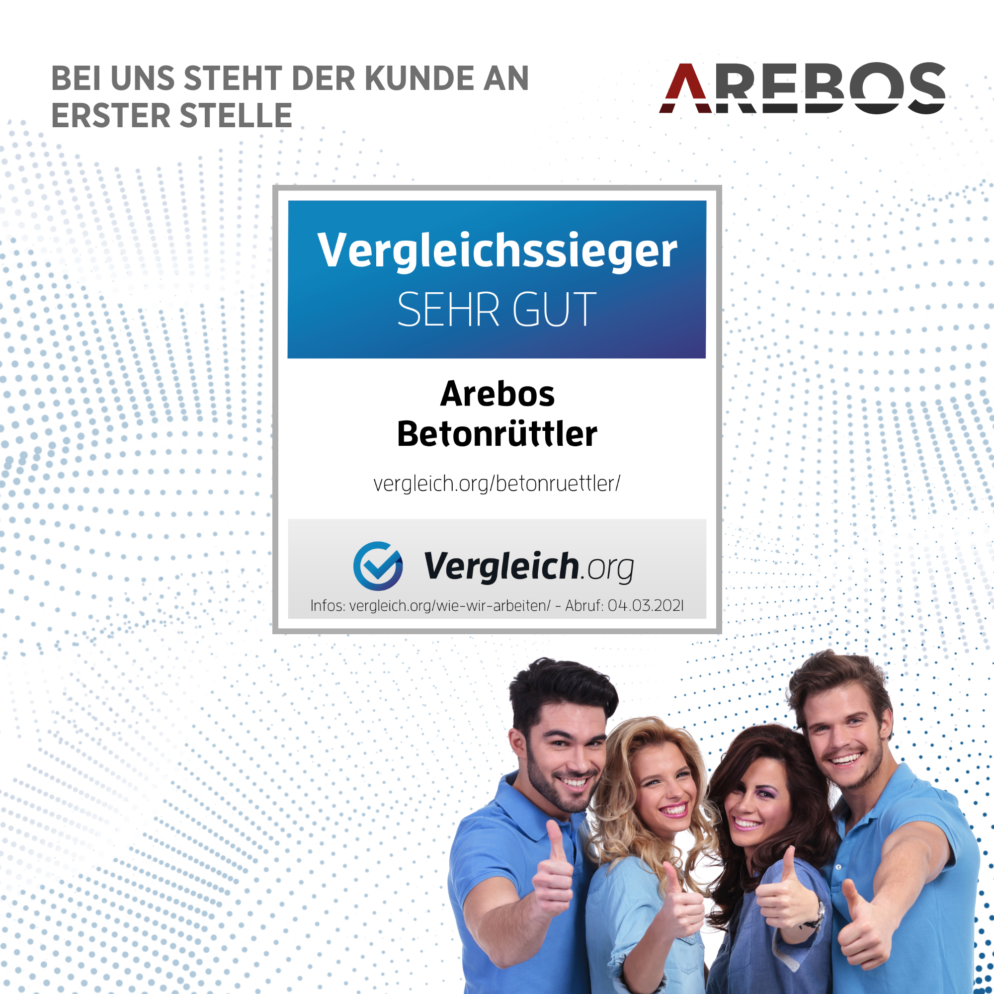 Vier Personen lächeln, Daumen hoch. Text über einen Betonrüttler.