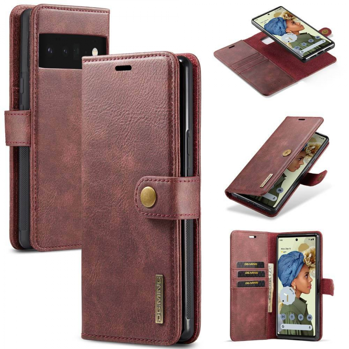 Eine braune Leder-Handyhülle mit einem Telefon darin. Die Hülle wird aus verschiedenen Winkeln gezeigt.