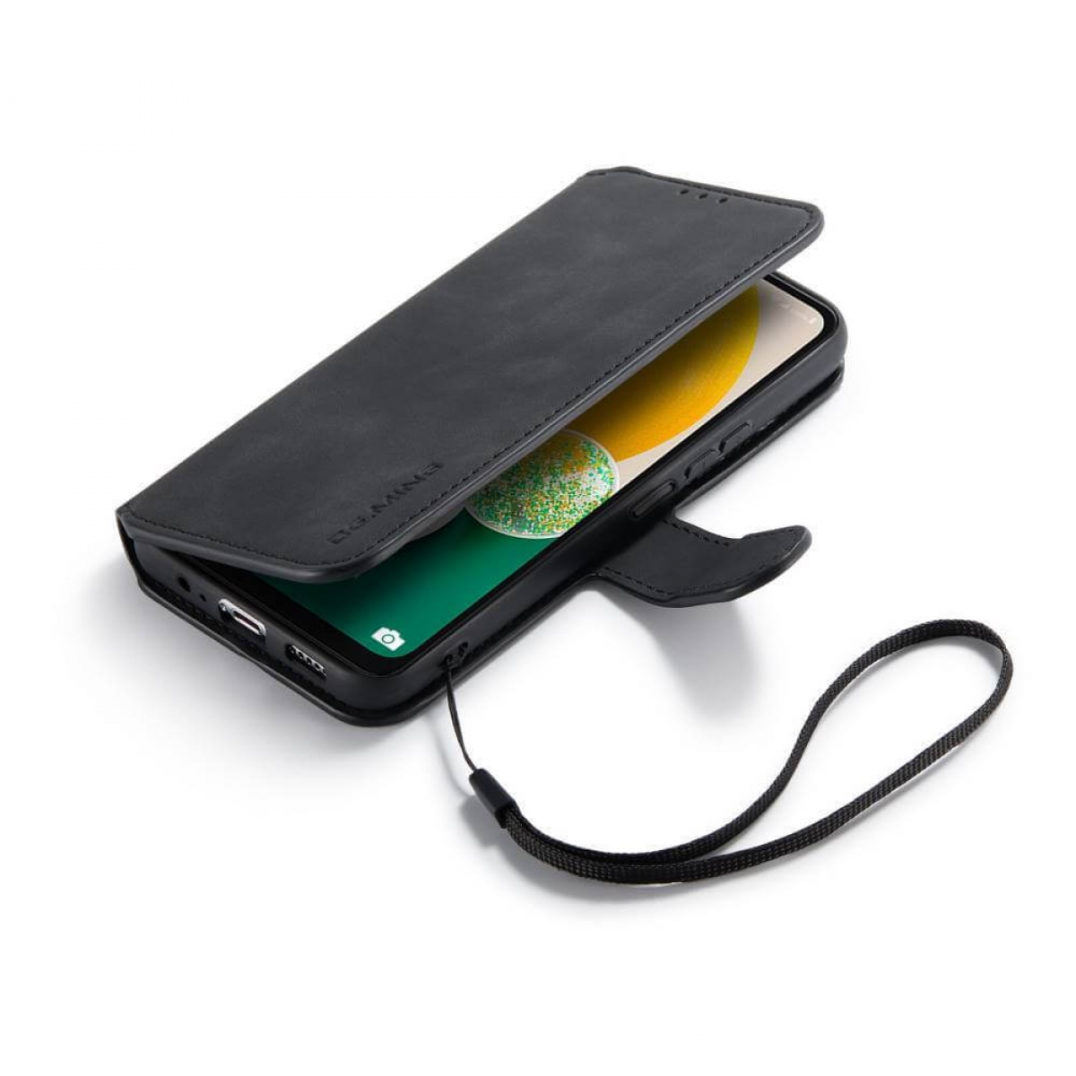 Eine offene schwarze Handyhülle, die ein Telefon mit eingeschaltetem Bildschirm zeigt, auf weißem Hintergrund.