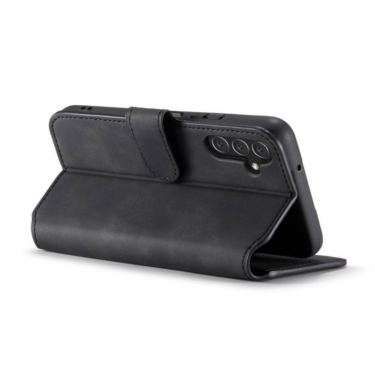 Schwarze Leder-Handyhülle, offen, zeigt Telefon. Schwarzer Hintergrund.