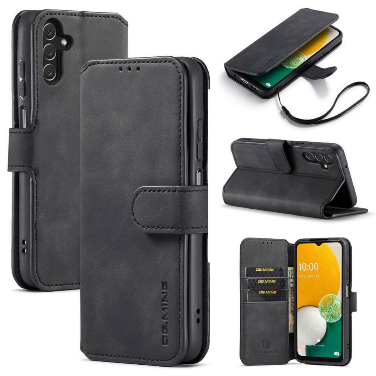 Schwarze Handyhülle mit Geldbörsenfunktion. Mehrere Ansichten zeigen das Telefon in der Hülle, mit Kartenfächern.