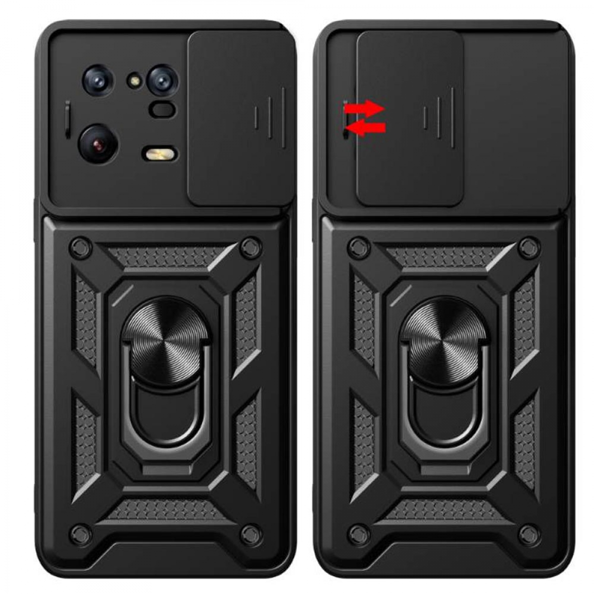 Schwarze Handyhülle mit verschiebbarer Kameraabdeckung und Ringständer. Robustes Design mit sechseckigen Mustern.