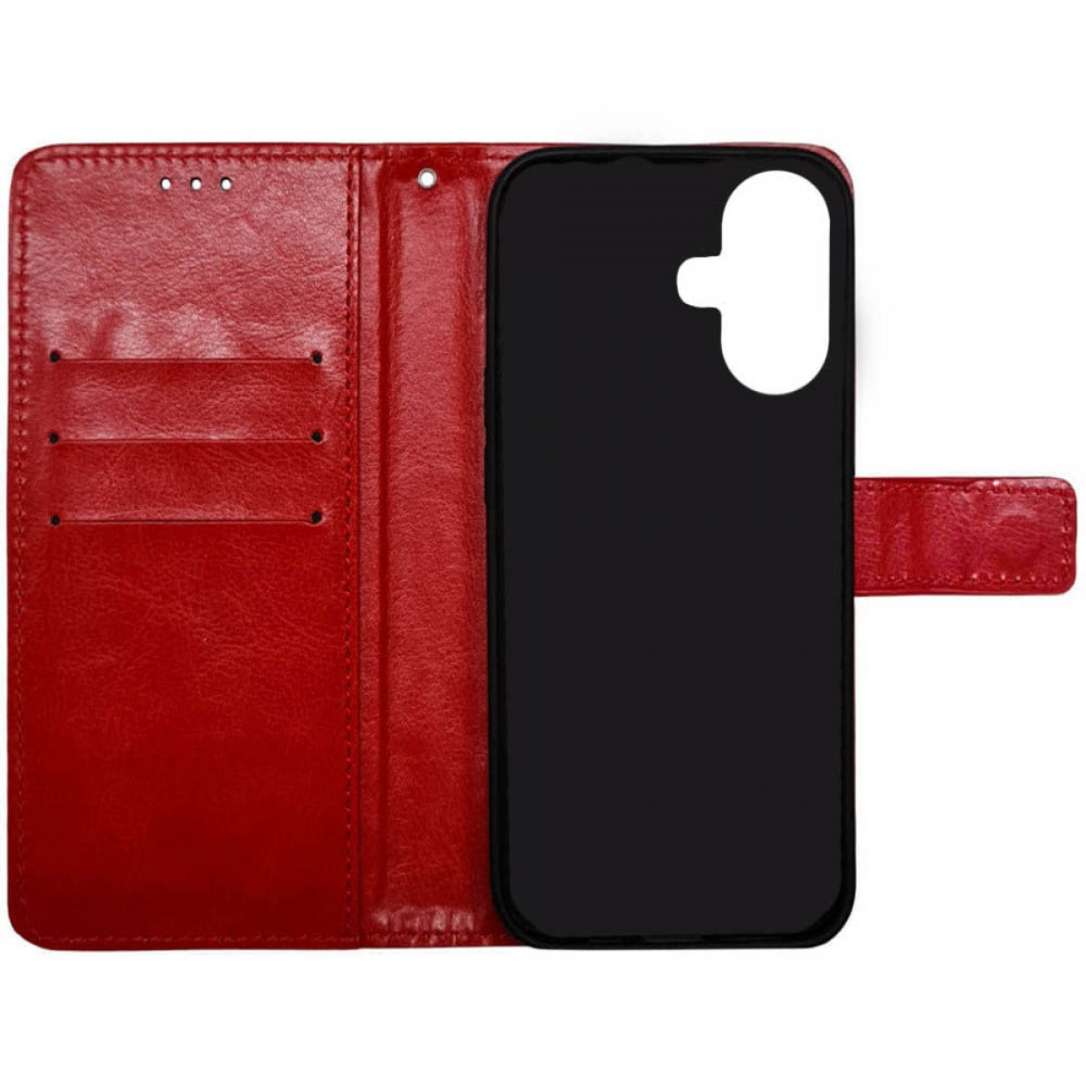 Rote Handyhülle mit schwarzem Telefon. Innen mit Kartenfächern. Weißer Hintergrund.
