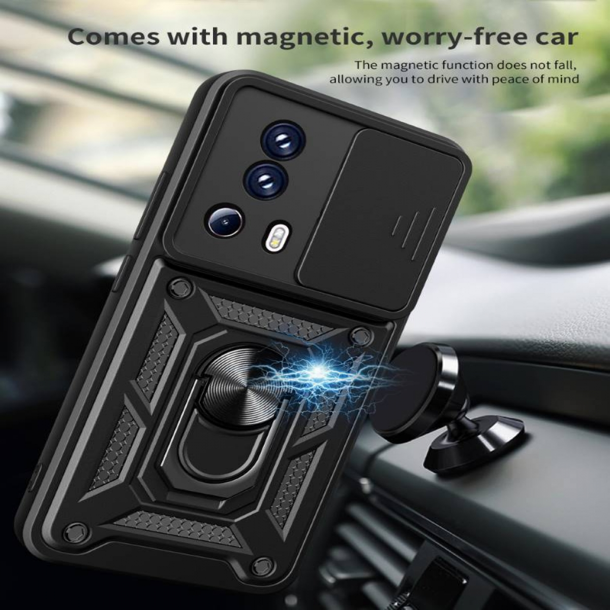 Schwarze Handyhülle mit verschiebbarer Kameraabdeckung und magnetischer Autohalterung, Nahaufnahme.