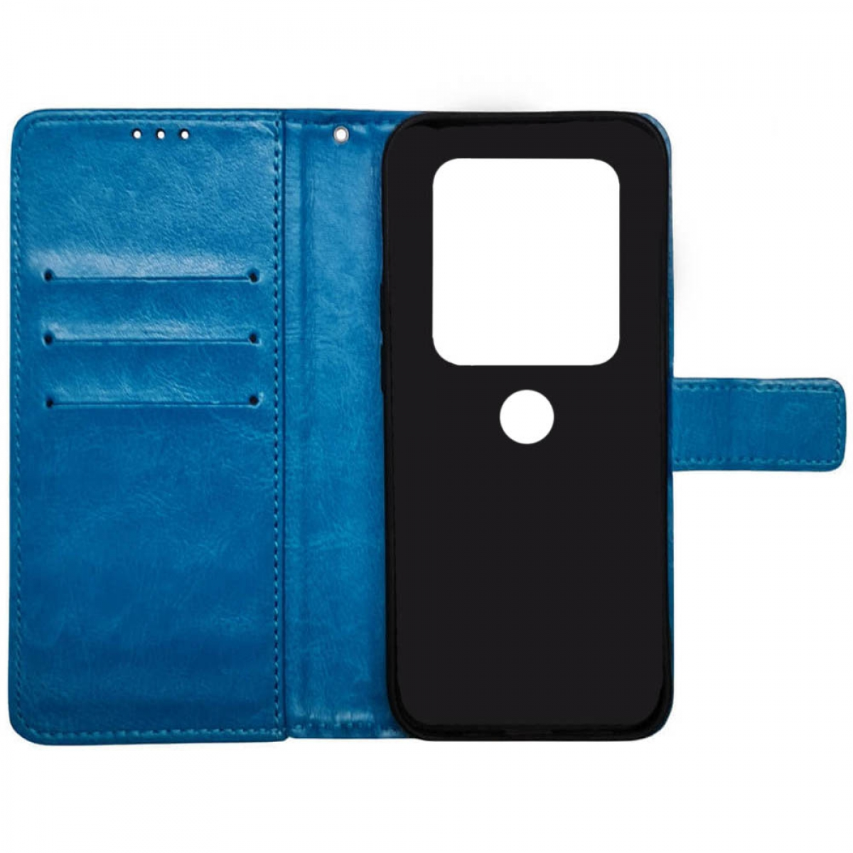 Blaue Handyhülle mit einem Handyausschnitt. Die Innenseite der Hülle ist sichtbar.
